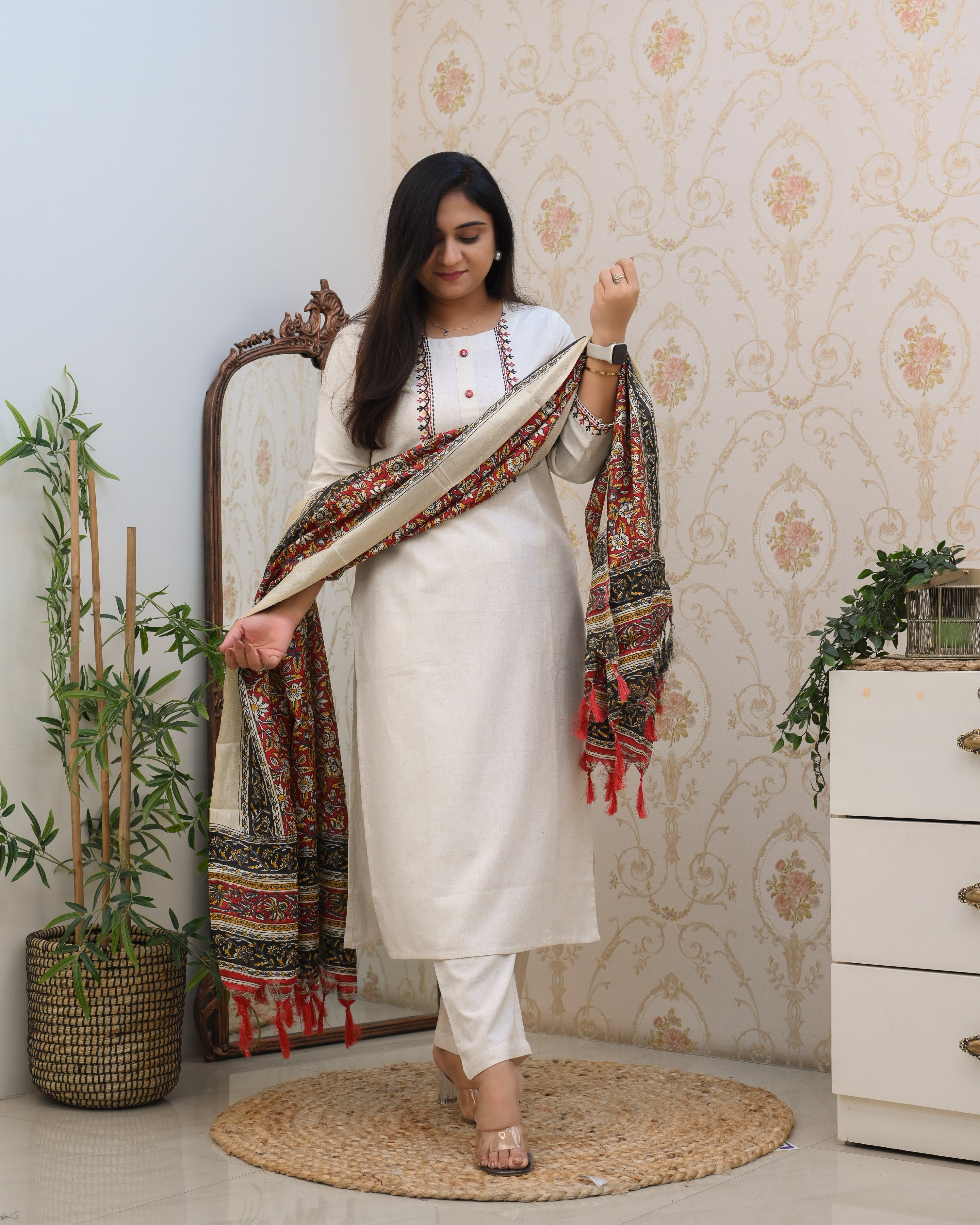 Cotton Embroidered Kalamkari Dupatta Suit