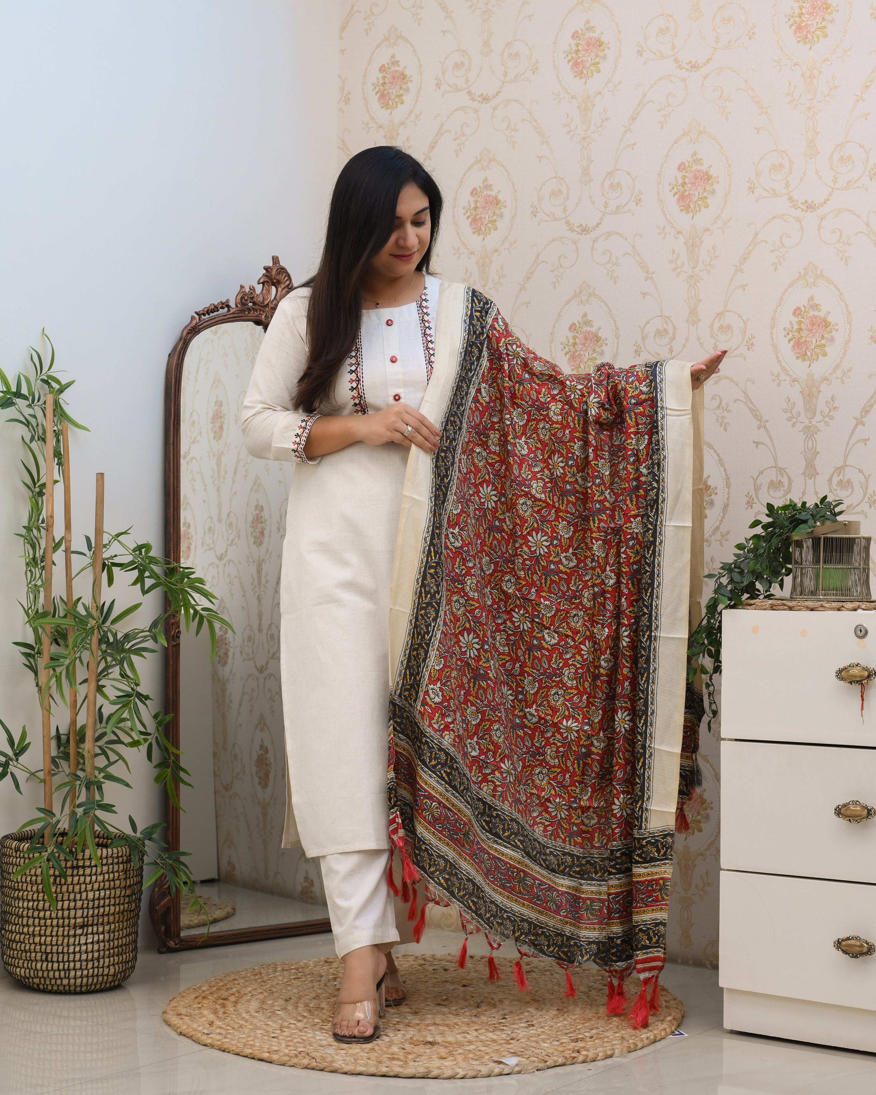 Cotton Embroidered Kalamkari Dupatta Suit