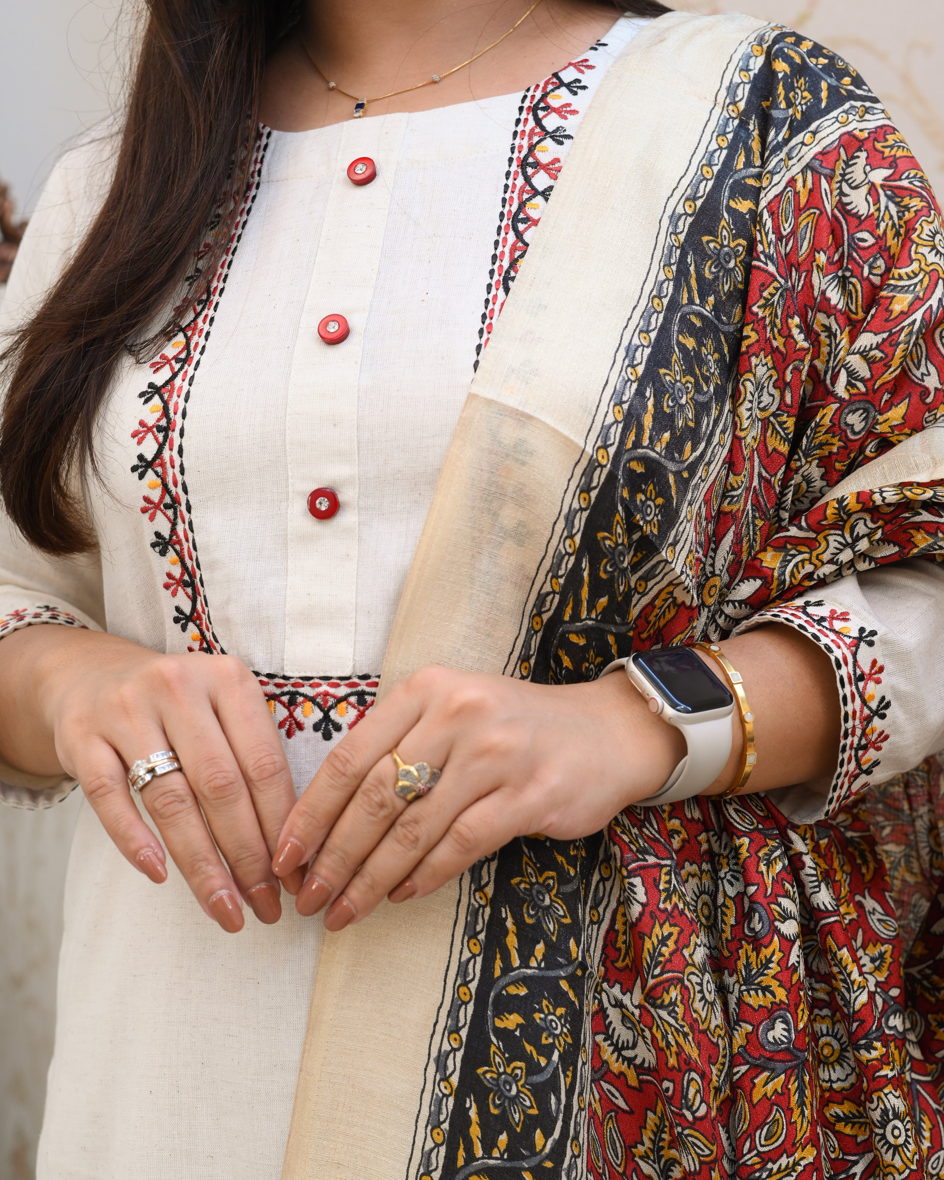 Cotton Embroidered Kalamkari Dupatta Suit