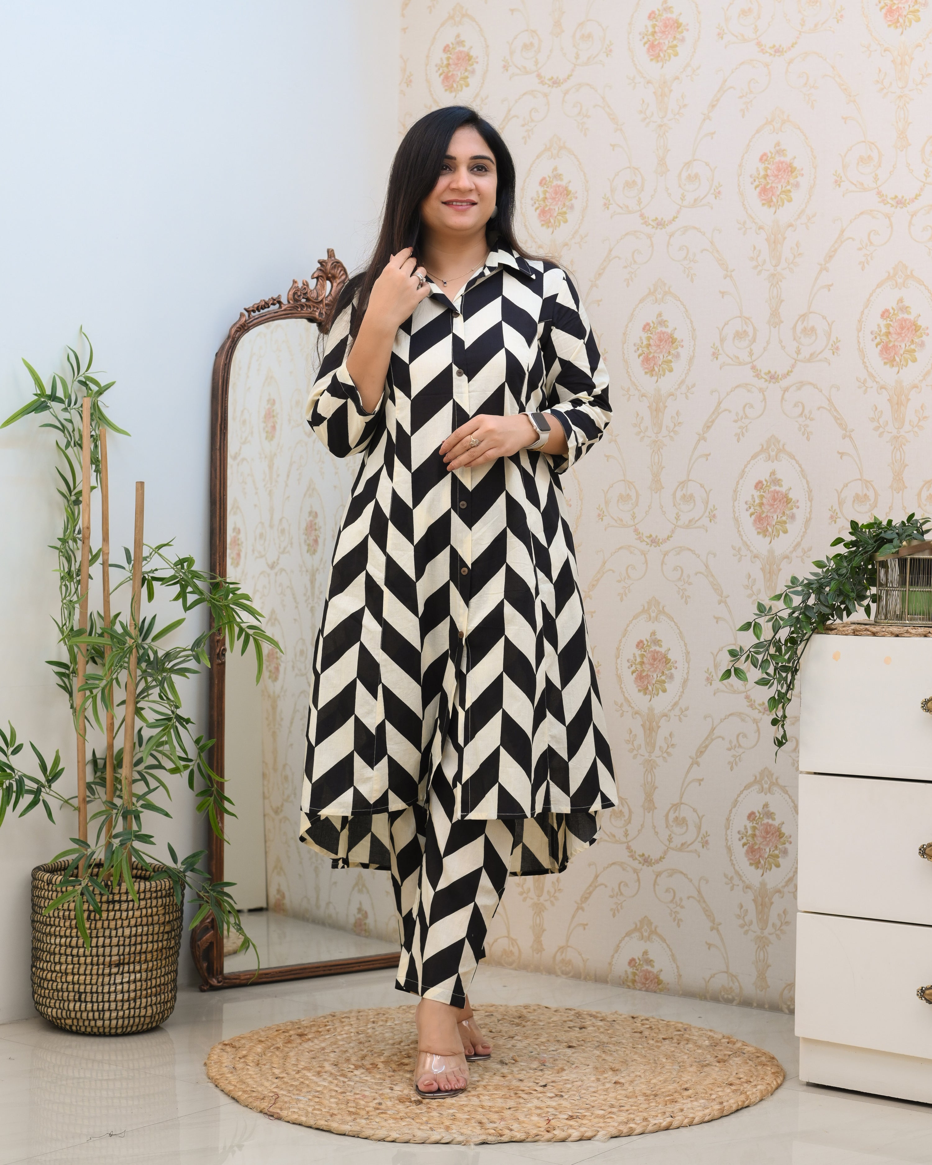 Black and White Geomatric A-line Cotton Coord Set