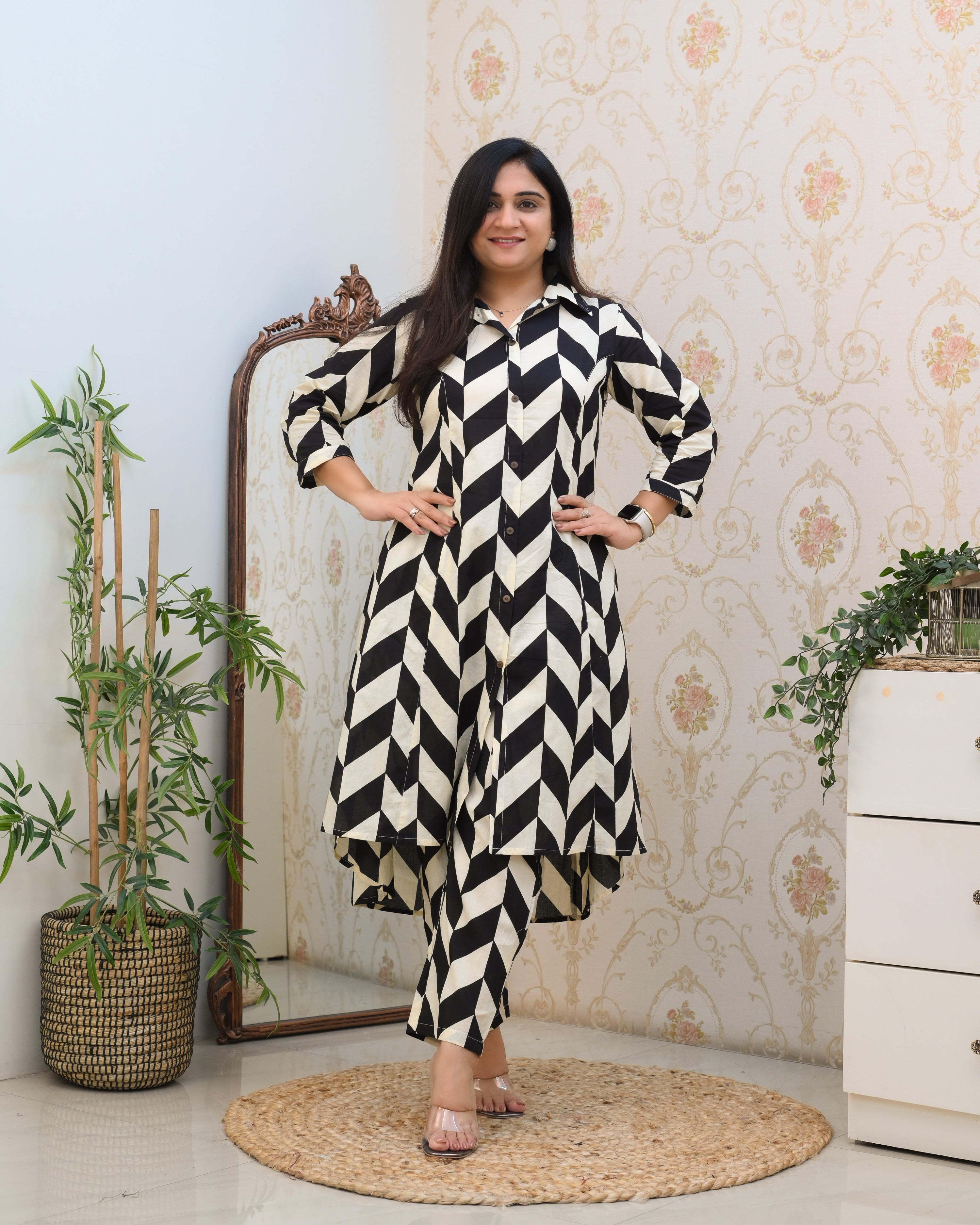 Black and White Geomatric A-line Cotton Coord Set