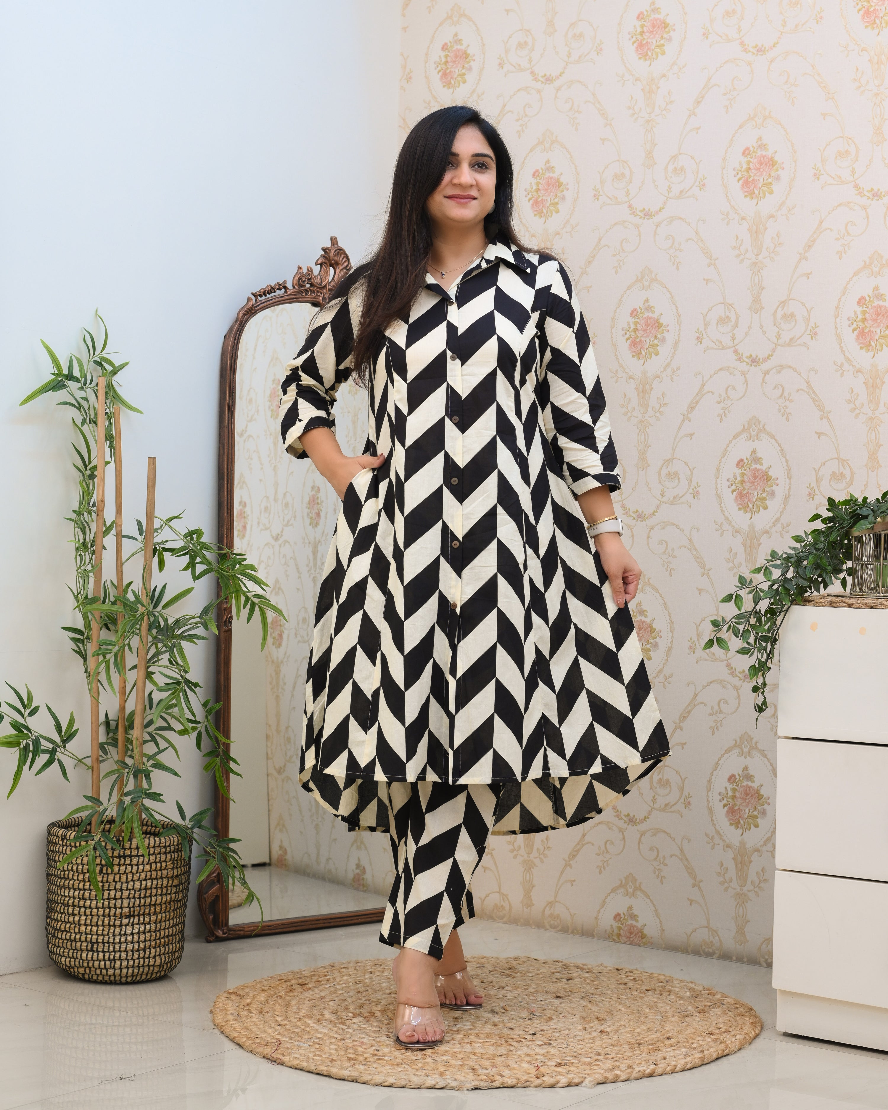 Black and White Geomatric A-line Cotton Coord Set