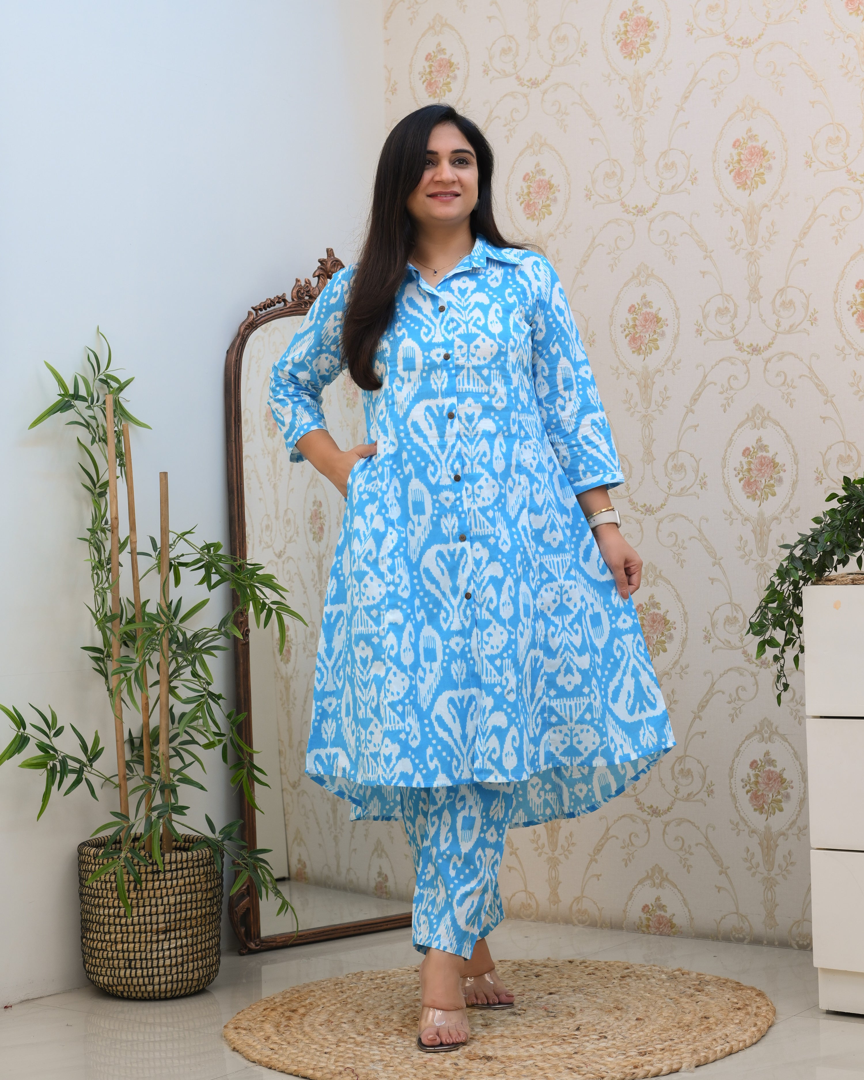 Blue Abstract Print A-line Cotton Coord Set