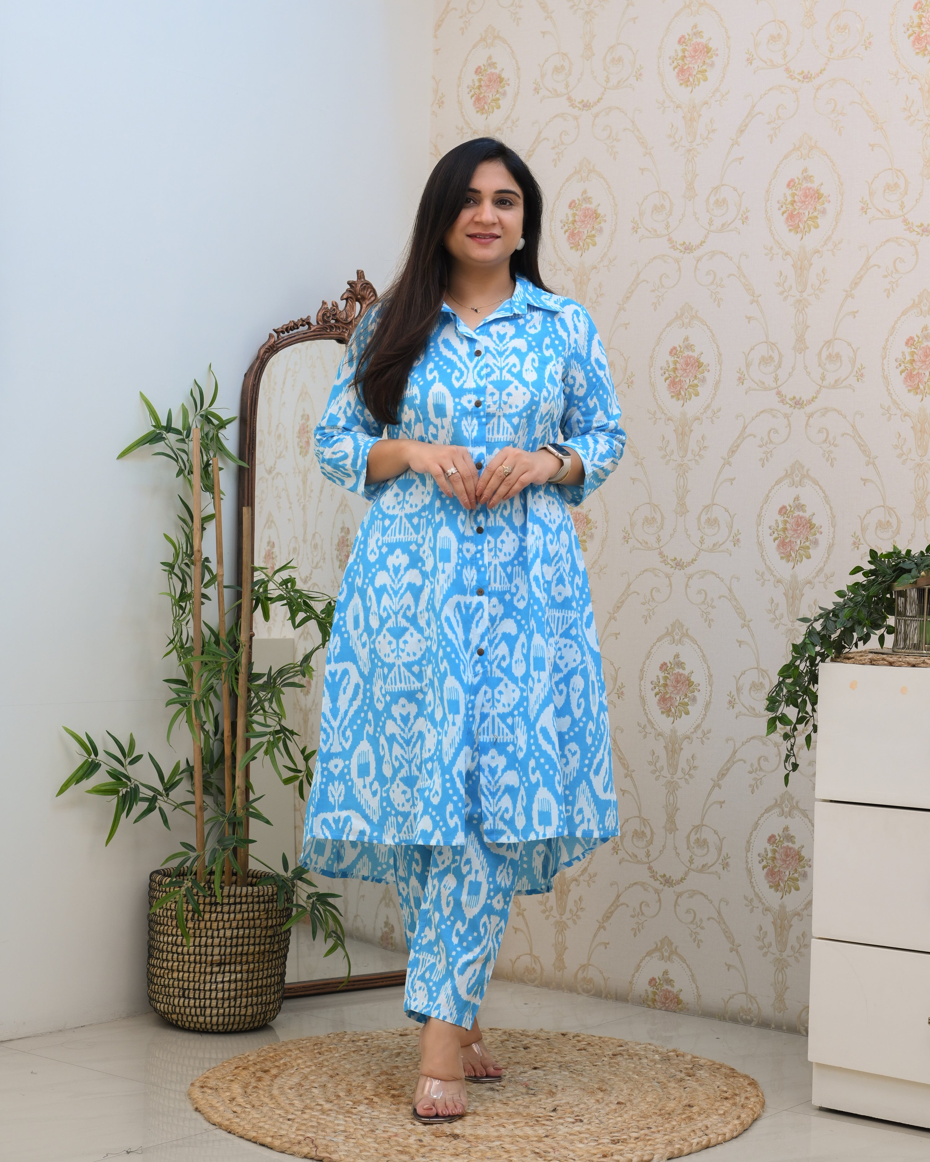 Blue Abstract Print A-line Cotton Coord Set