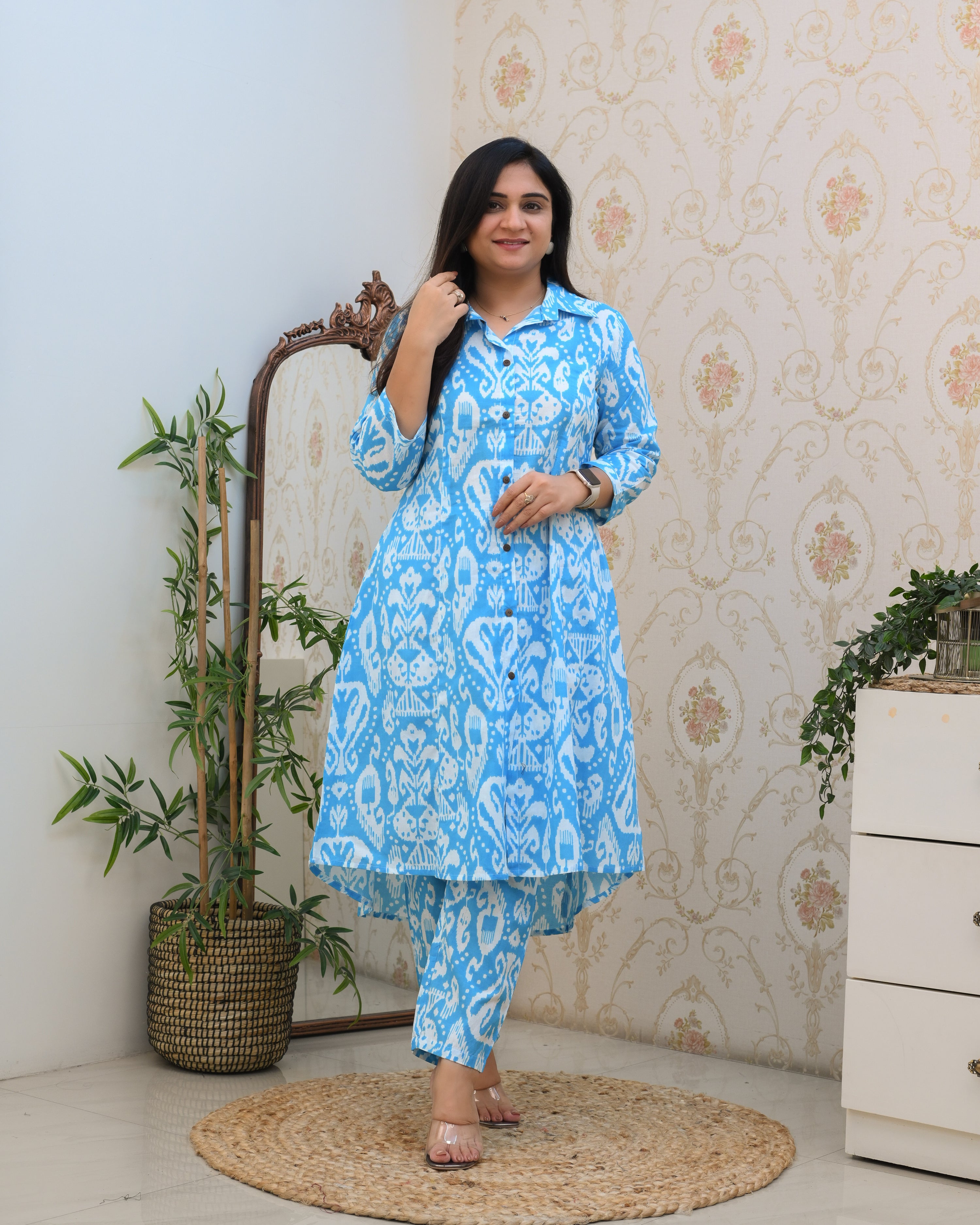 Blue Abstract Print A-line Cotton Coord Set