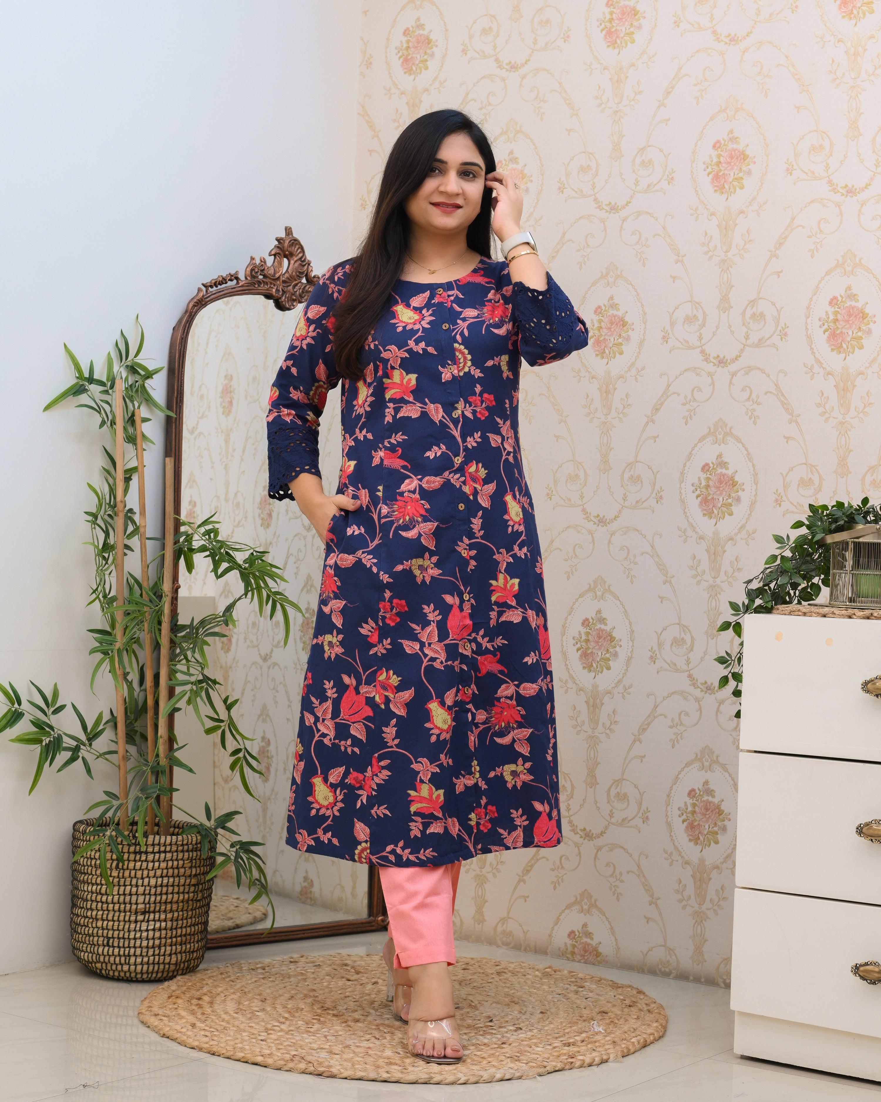 Cotton Floral Casual kurta with pocket