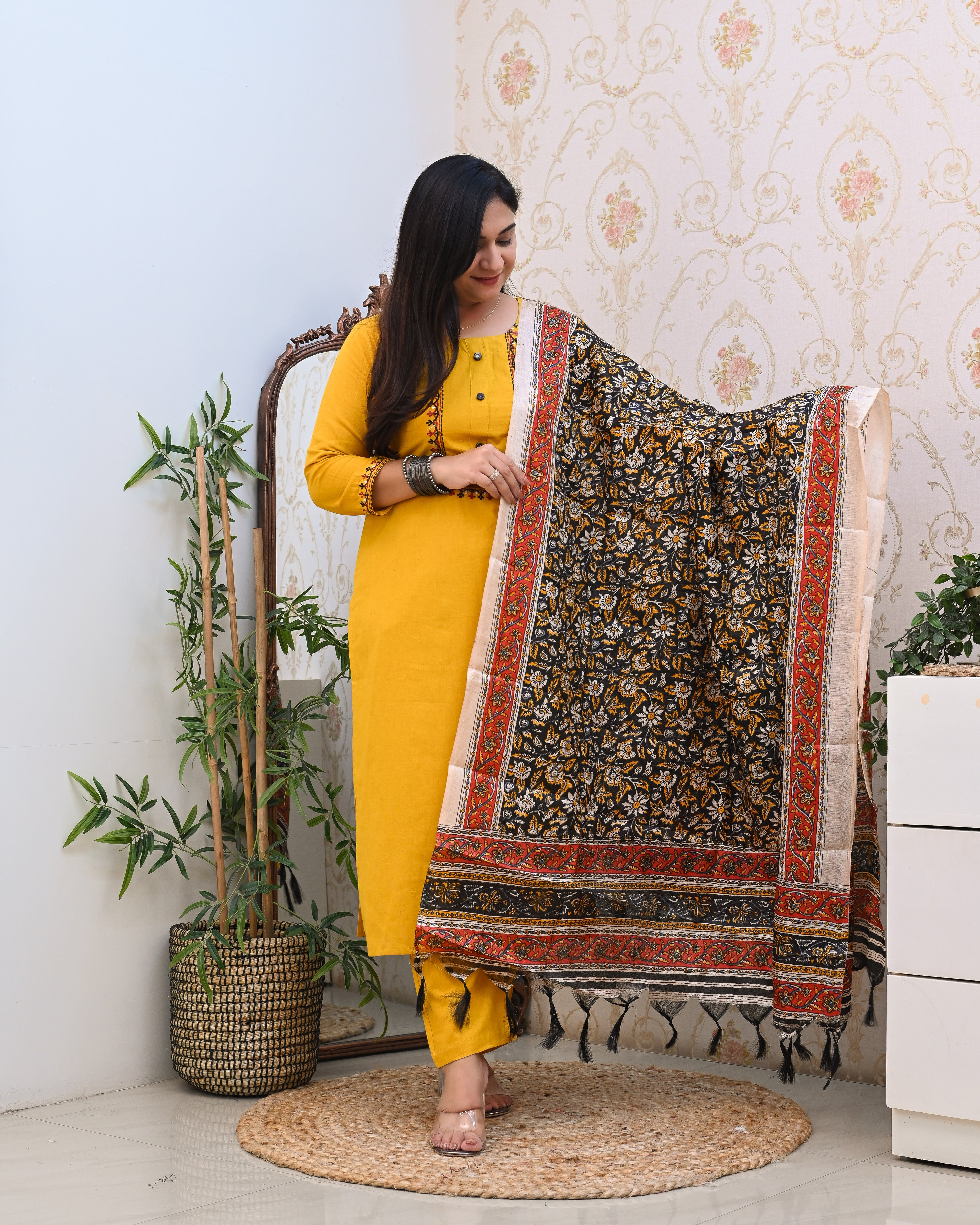 Cotton Embroidered Kalamkari Dupatta Suit