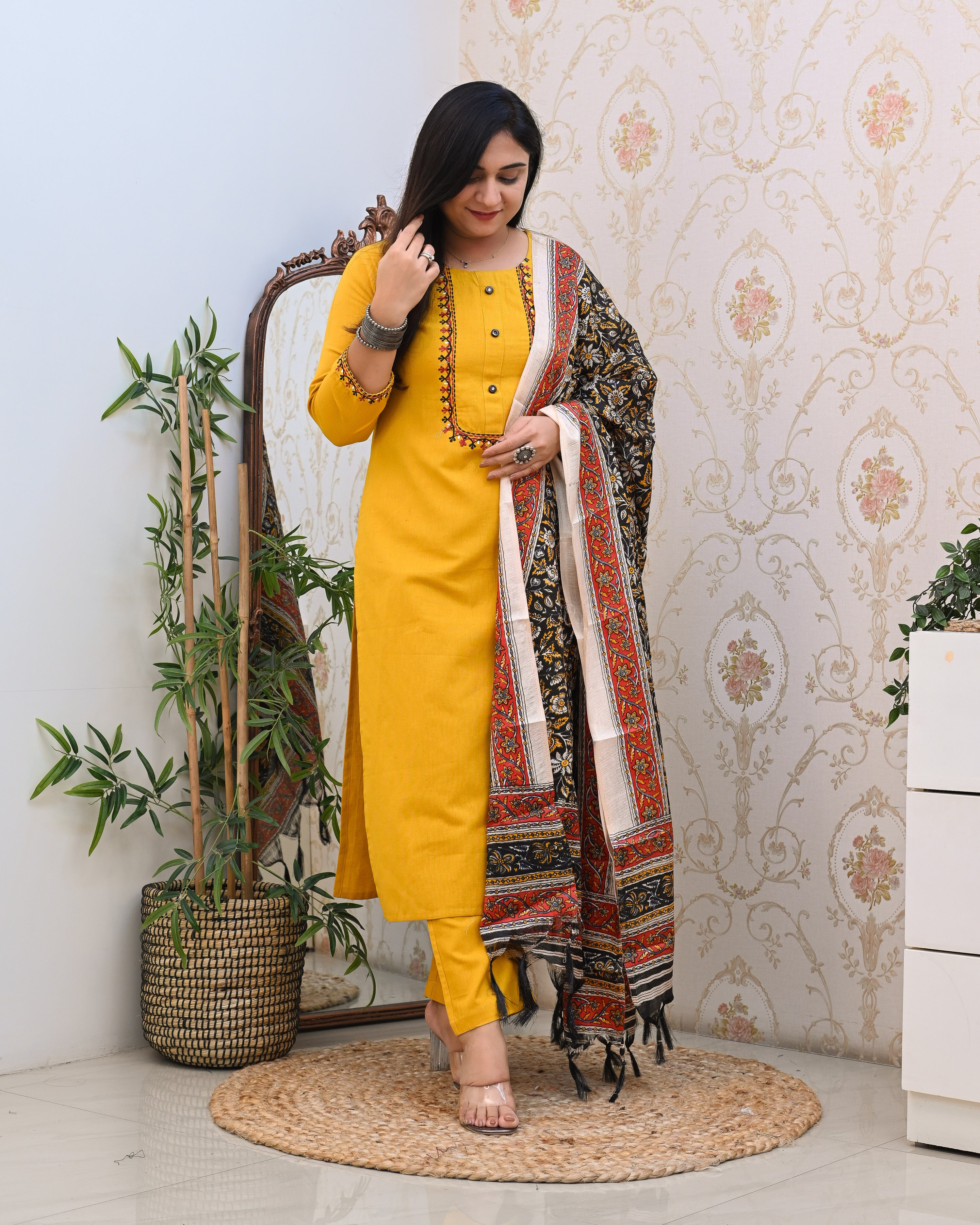 Cotton Embroidered Kalamkari Dupatta Suit