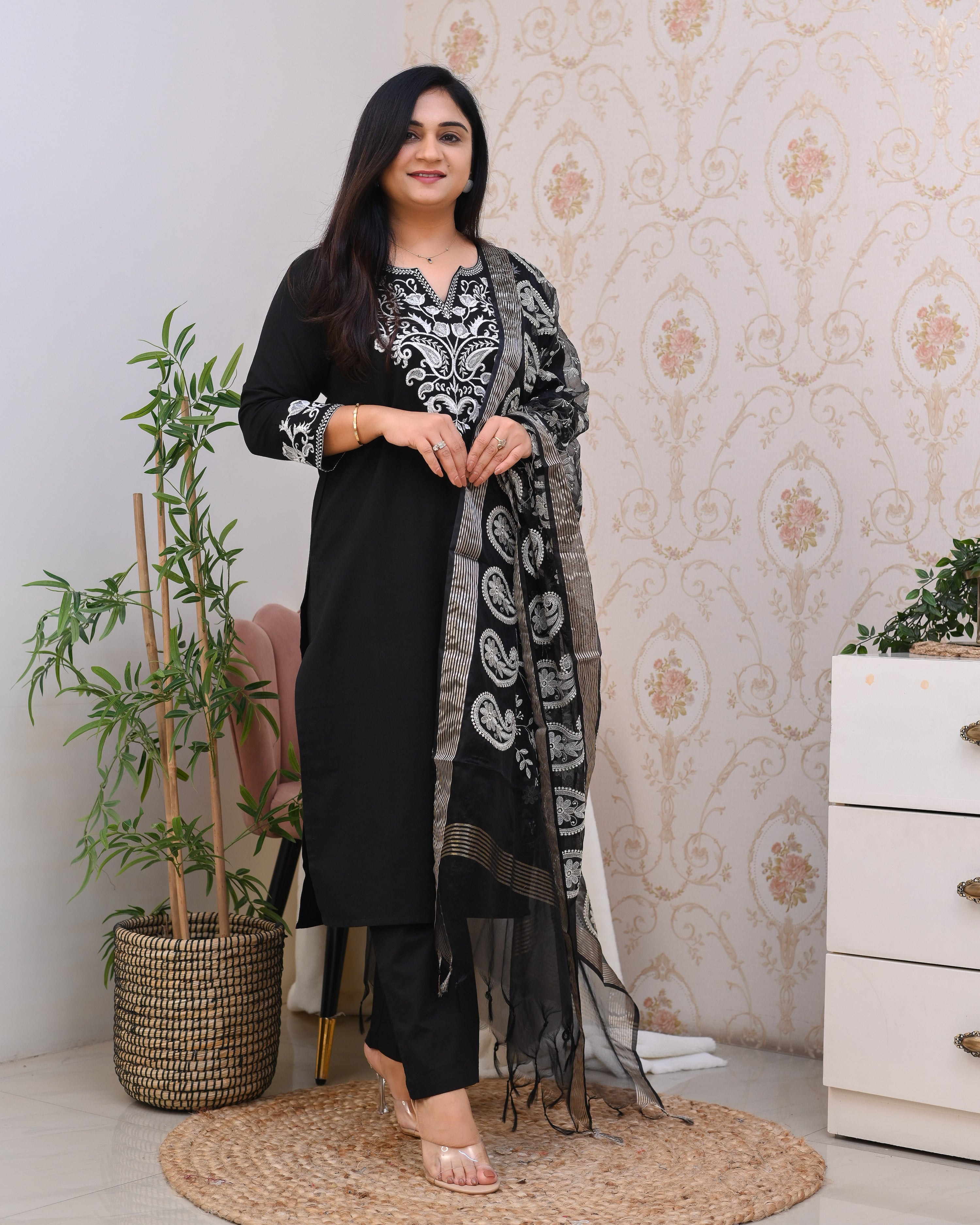 Black Cotton Embroidered Pant Suit