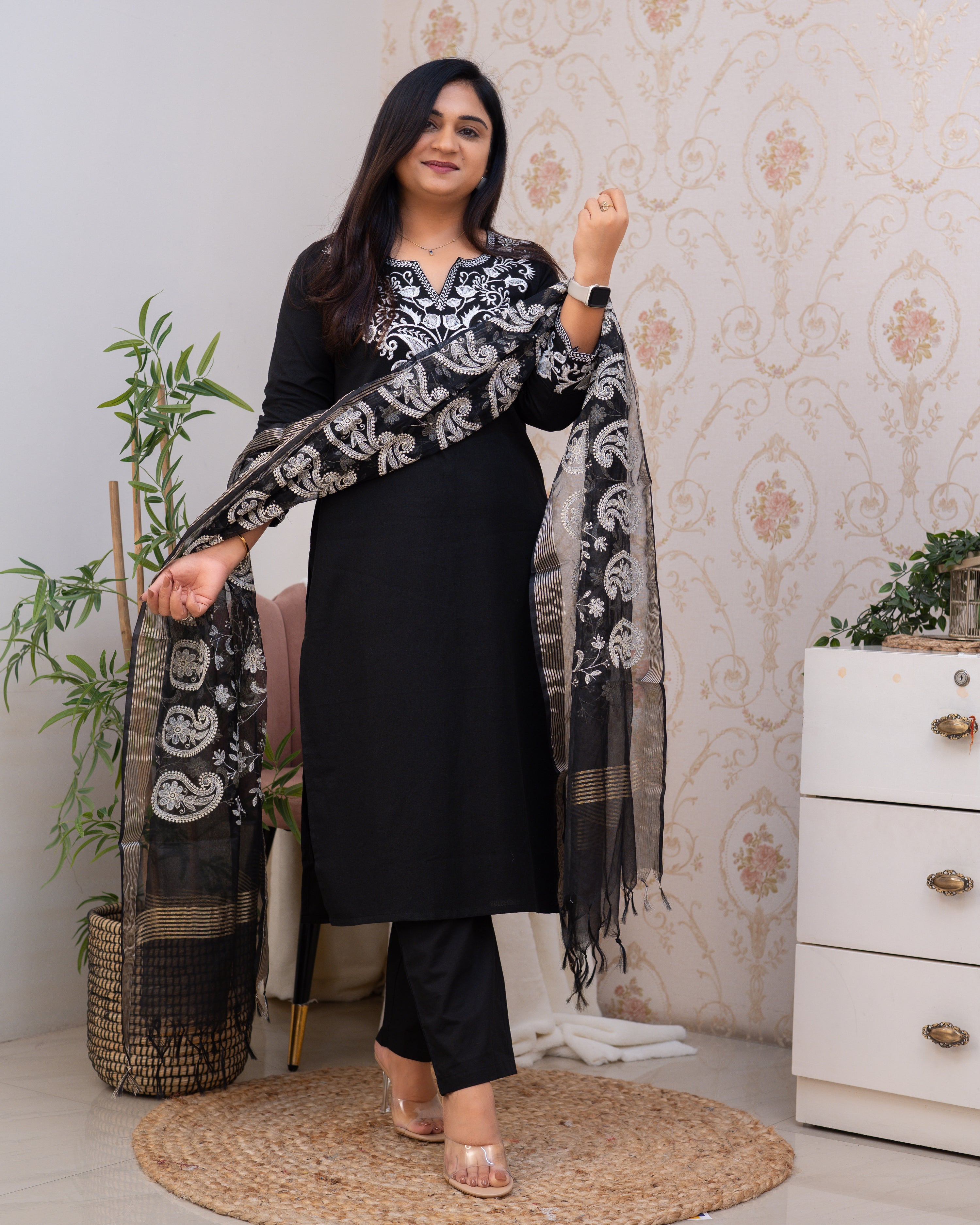 Black Cotton Embroidered Pant Suit