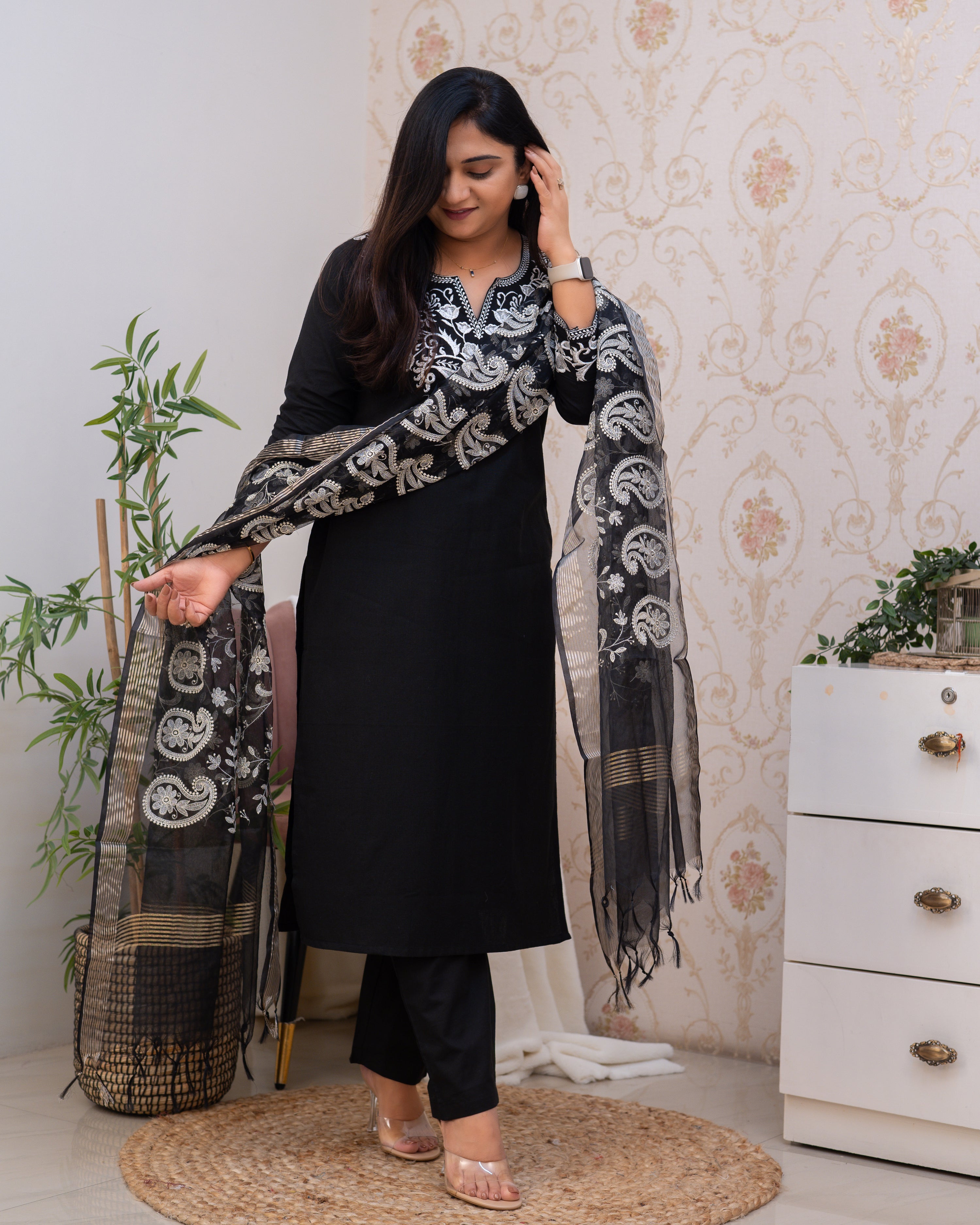 Black Cotton Embroidered Pant Suit