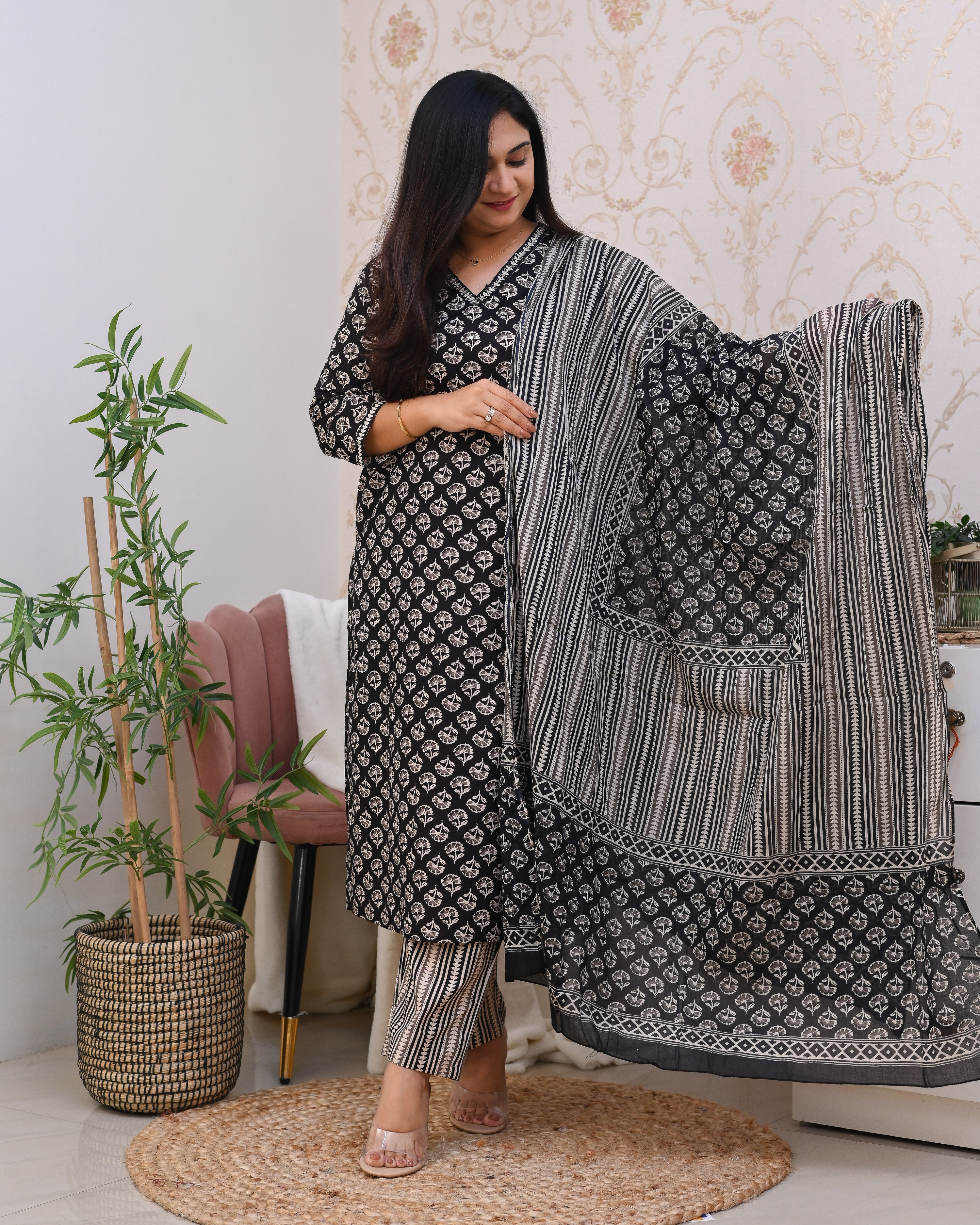 Mughal Print Cotton Straight Pant Suit