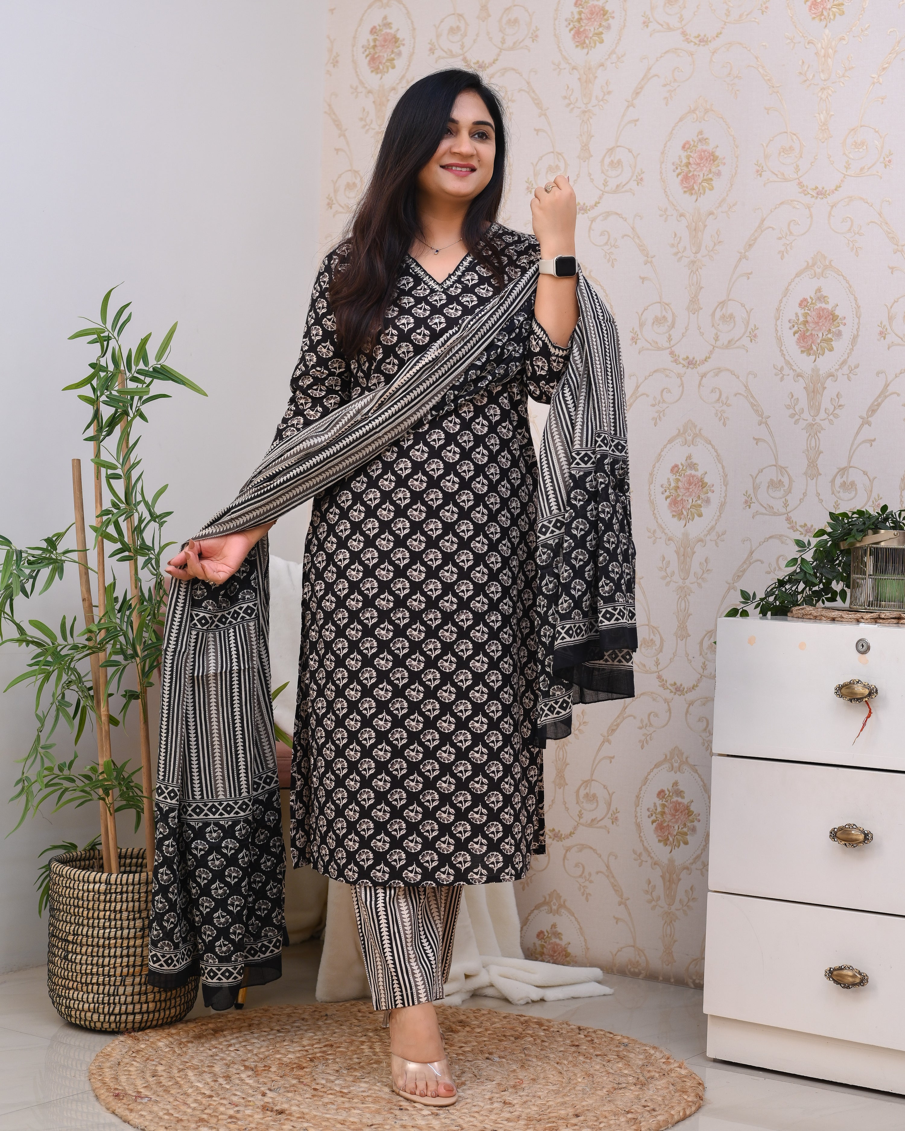 Mughal Print Cotton Straight Pant Suit