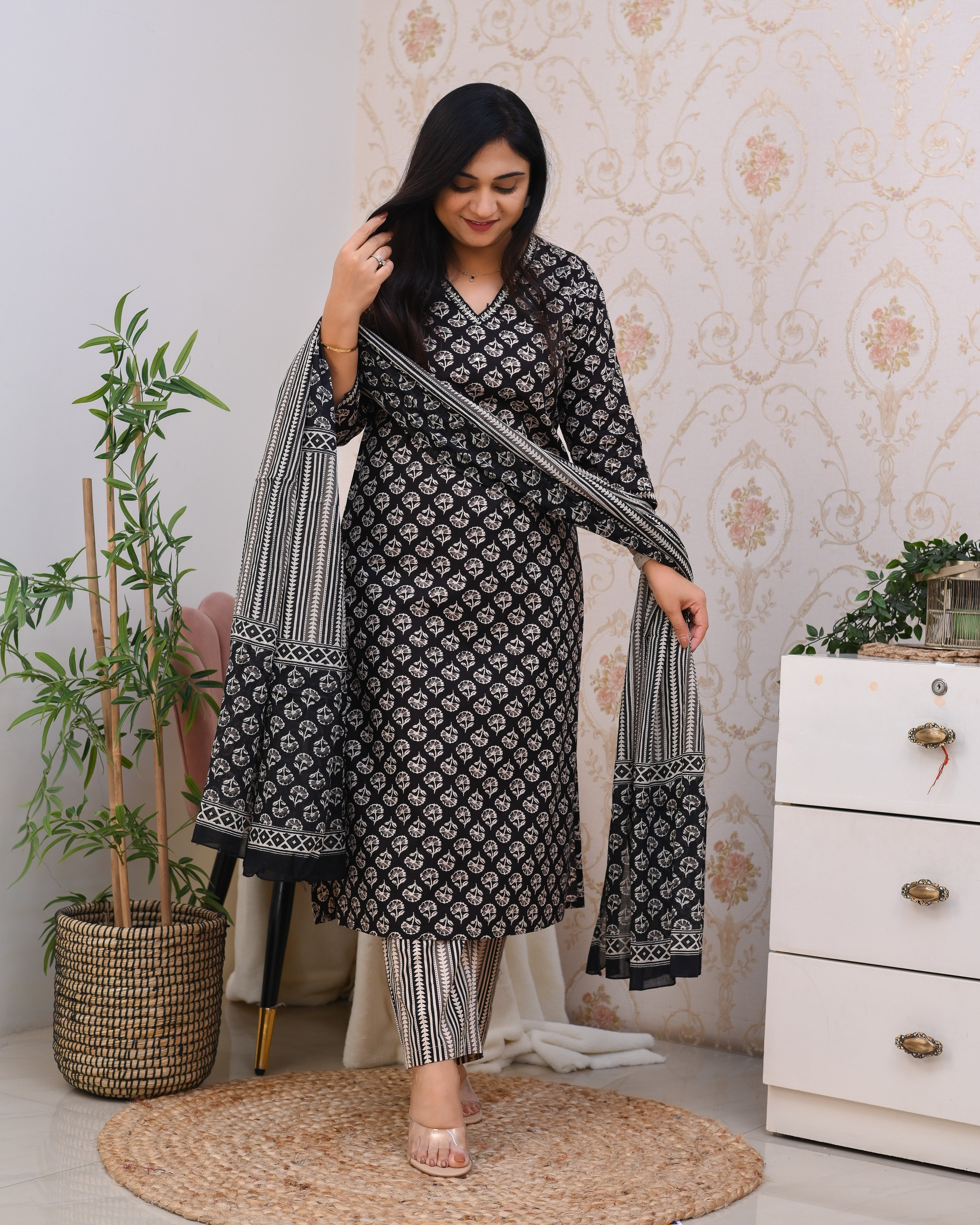 Mughal Print Cotton Straight Pant Suit