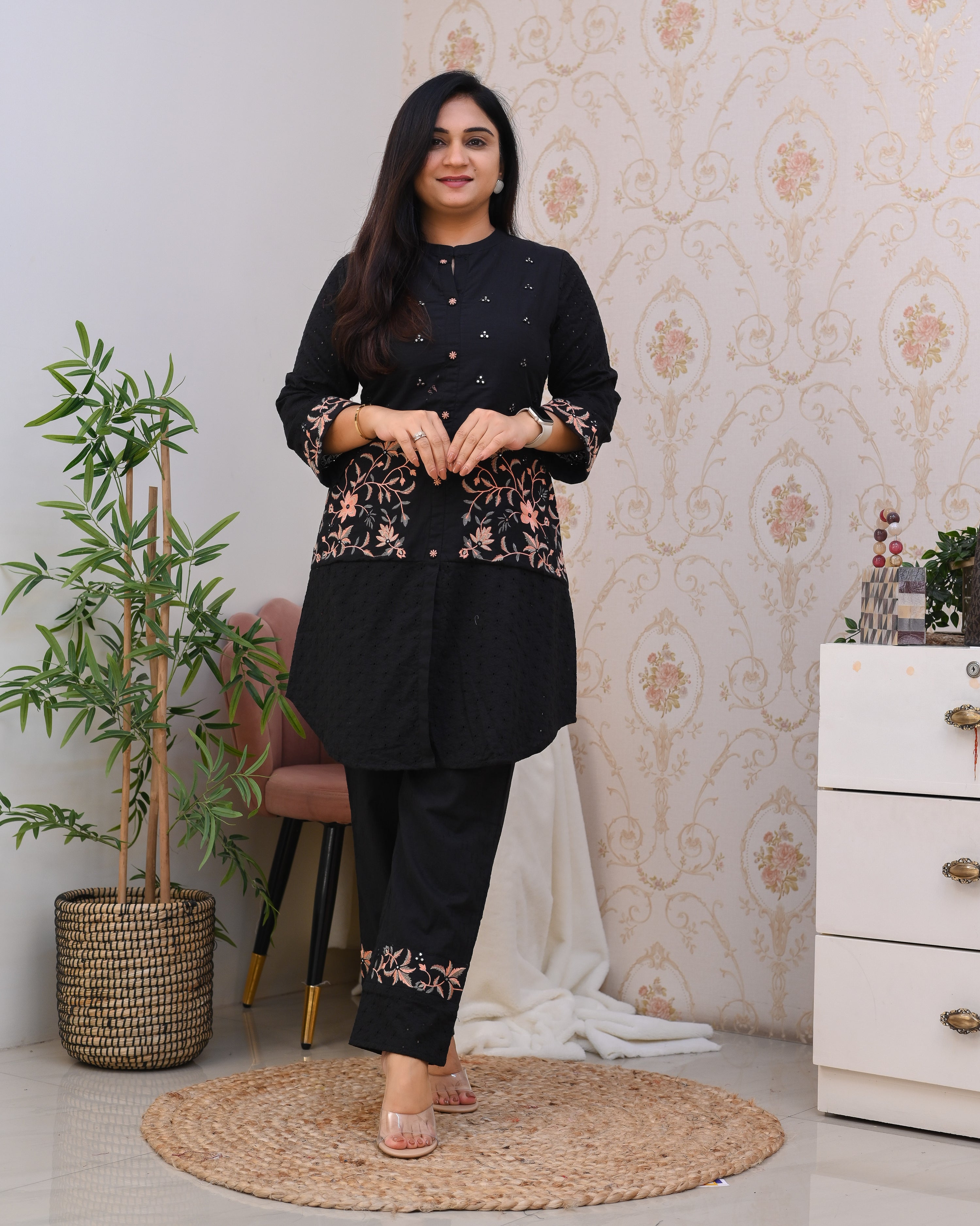 Black Cotton Sciffili Embroidered Coord Set