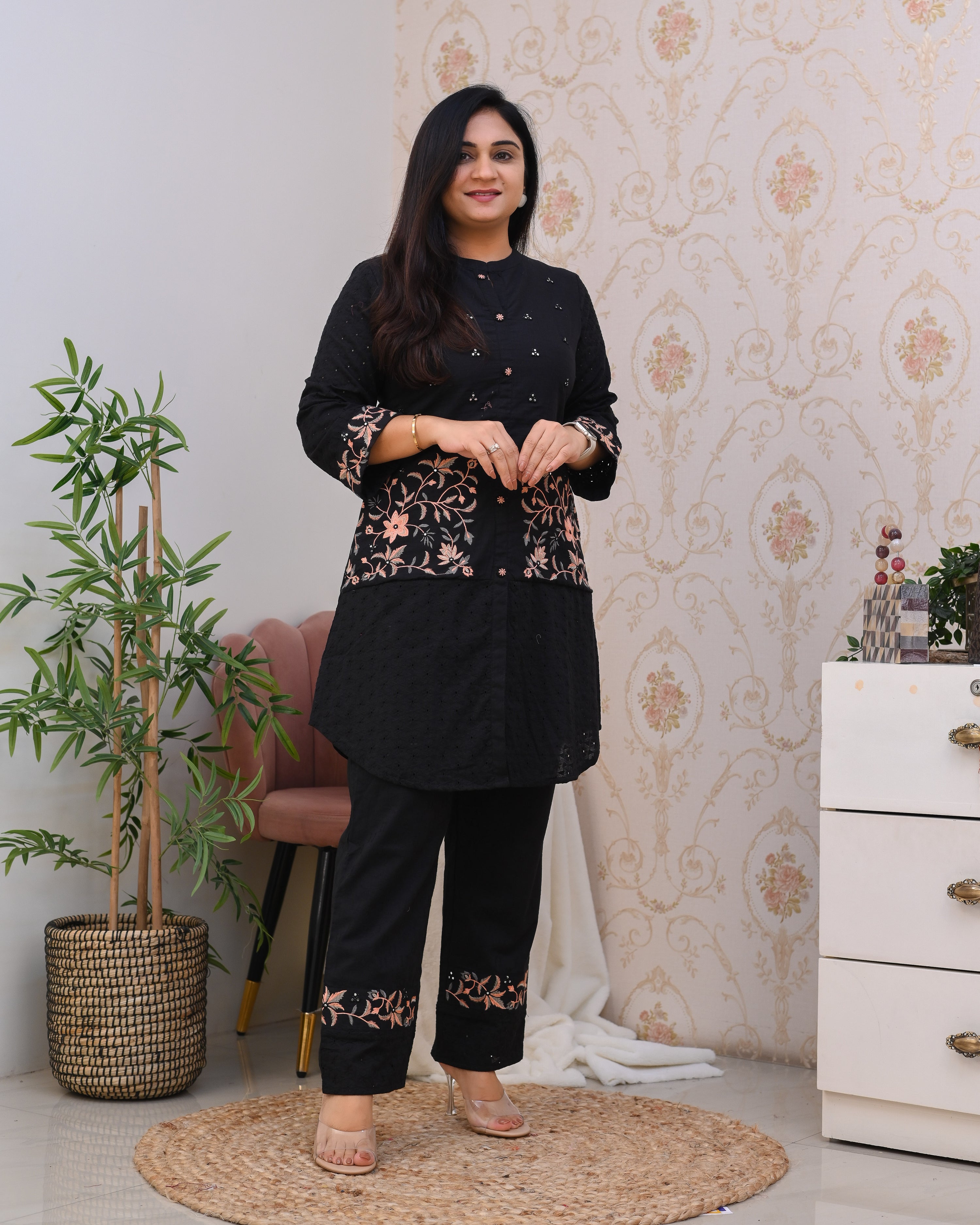 Black Cotton Sciffili Embroidered Coord Set