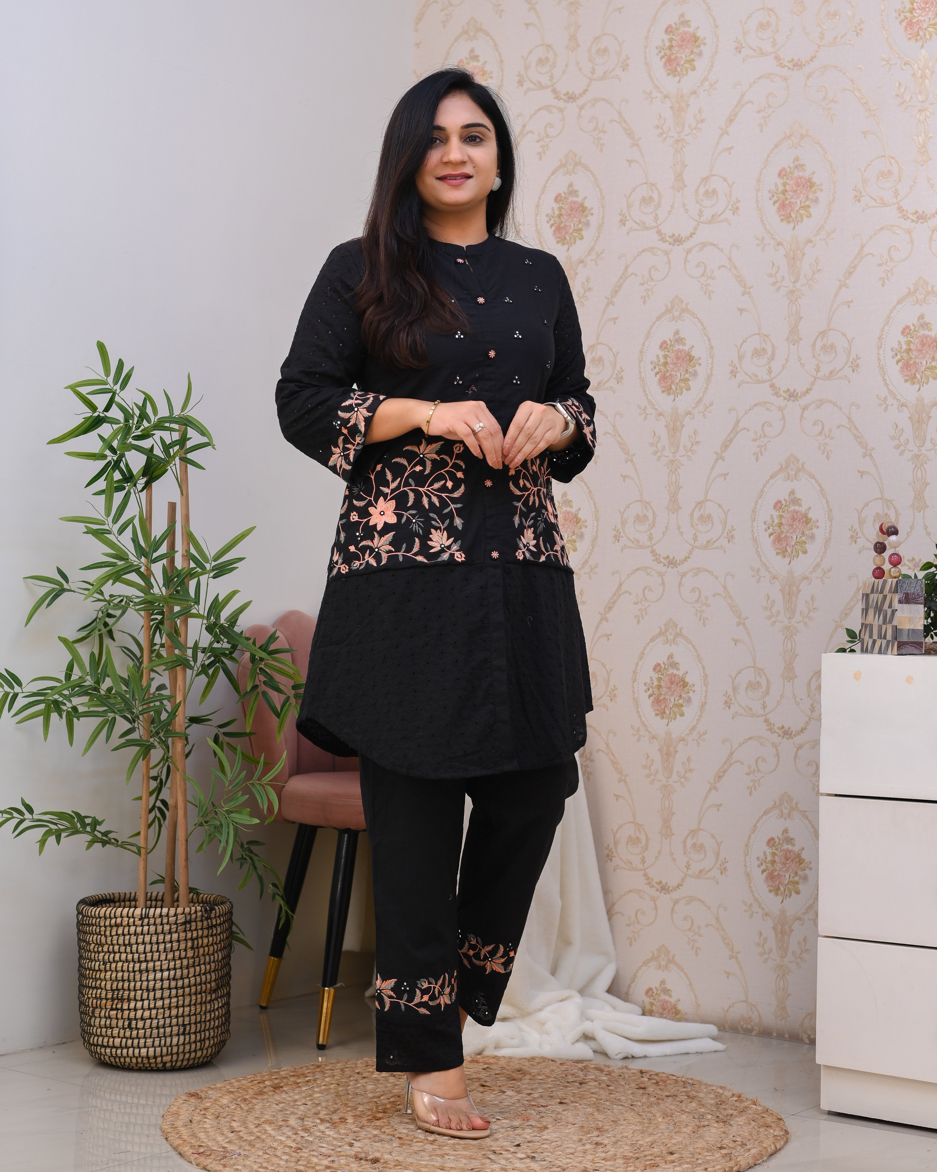 Black Cotton Sciffili Embroidered Coord Set