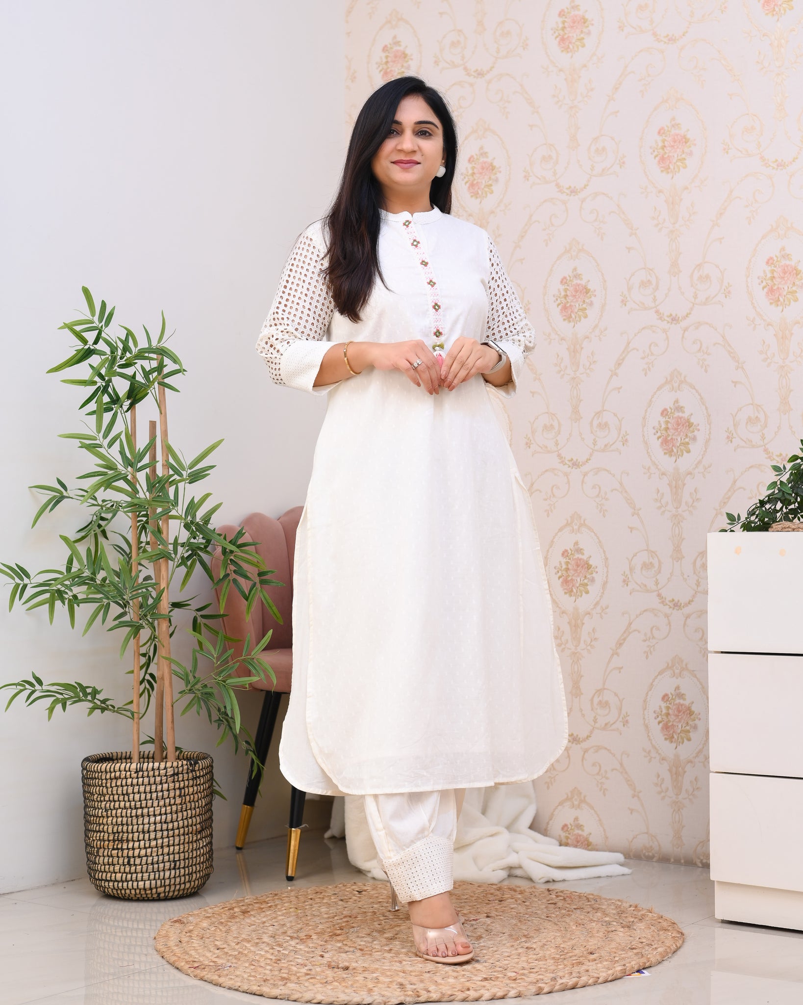 White and off-white kurtas styled with complementary bottom wear