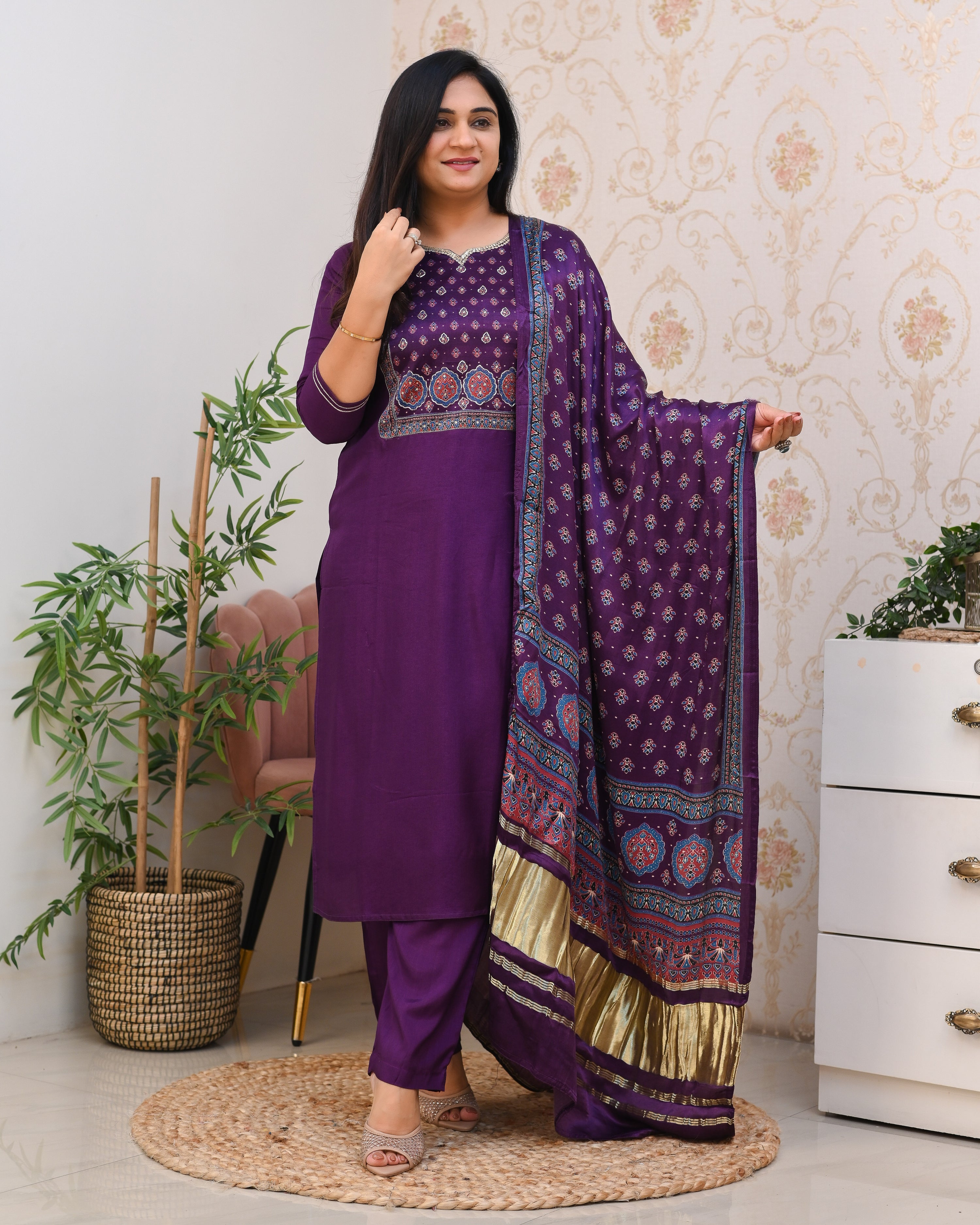 Purple Silk Embroidered Gajji Silk Pant Set