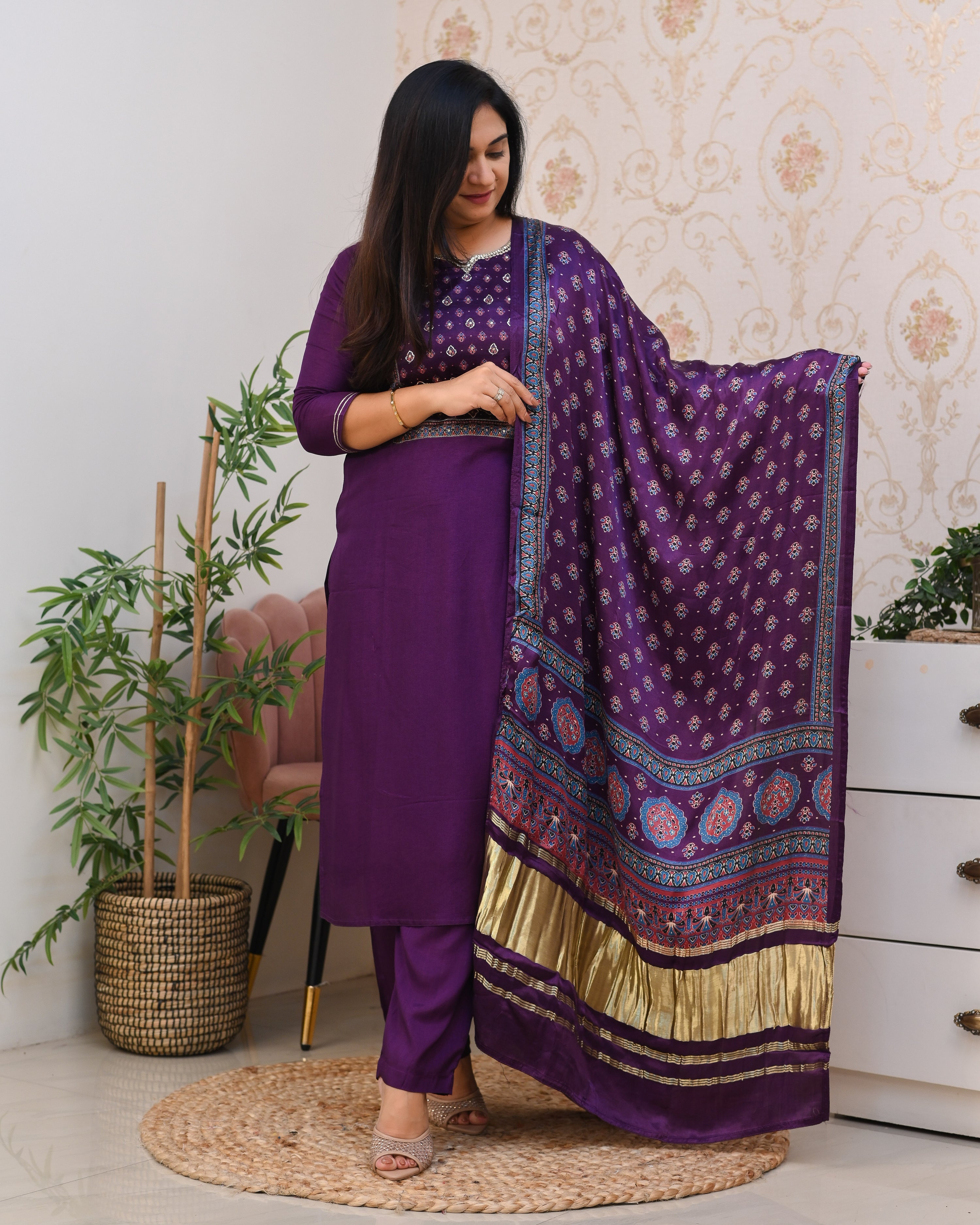 Purple Silk Embroidered Gajji Silk Pant Set