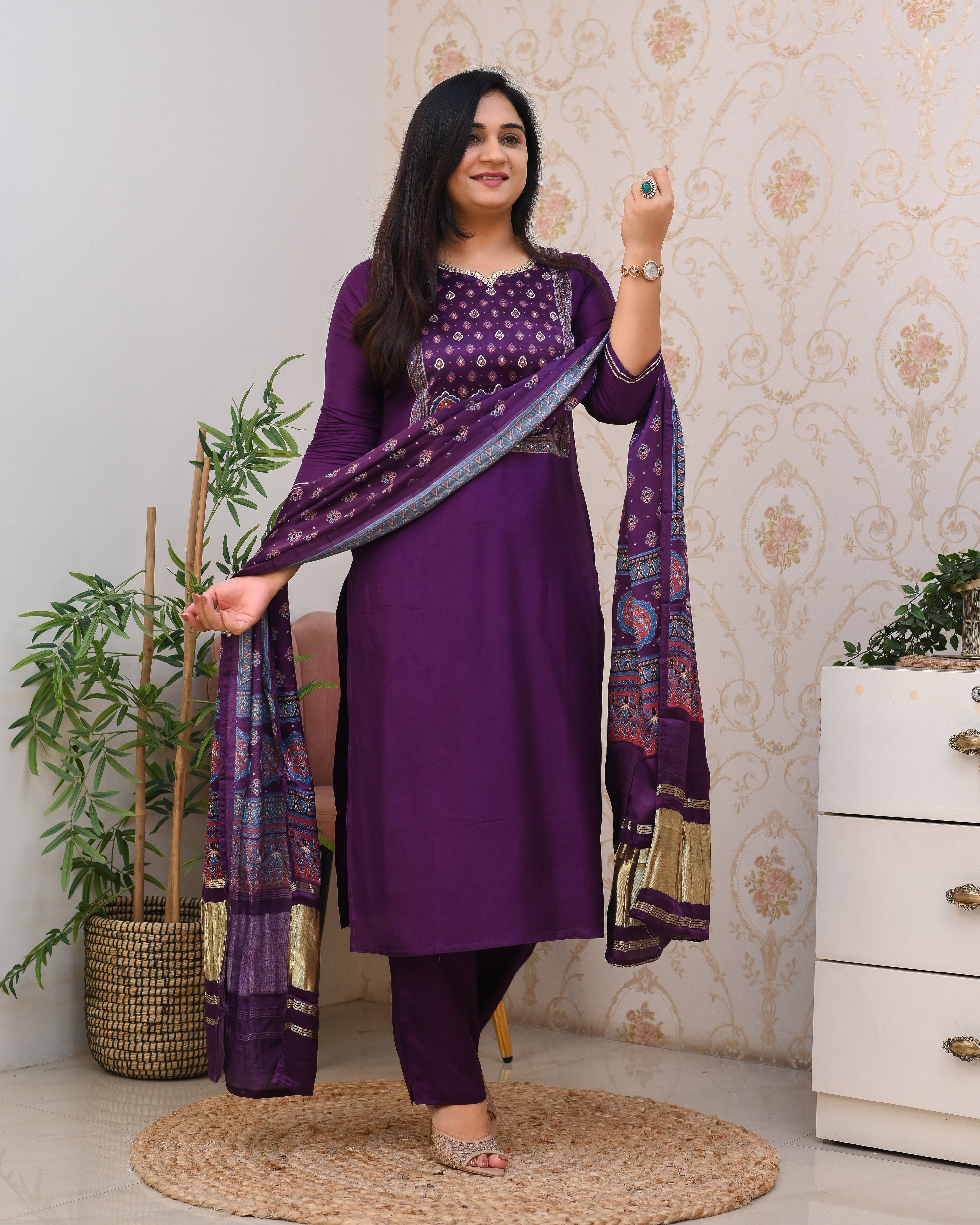 Purple Silk Embroidered Gajji Silk Pant Set