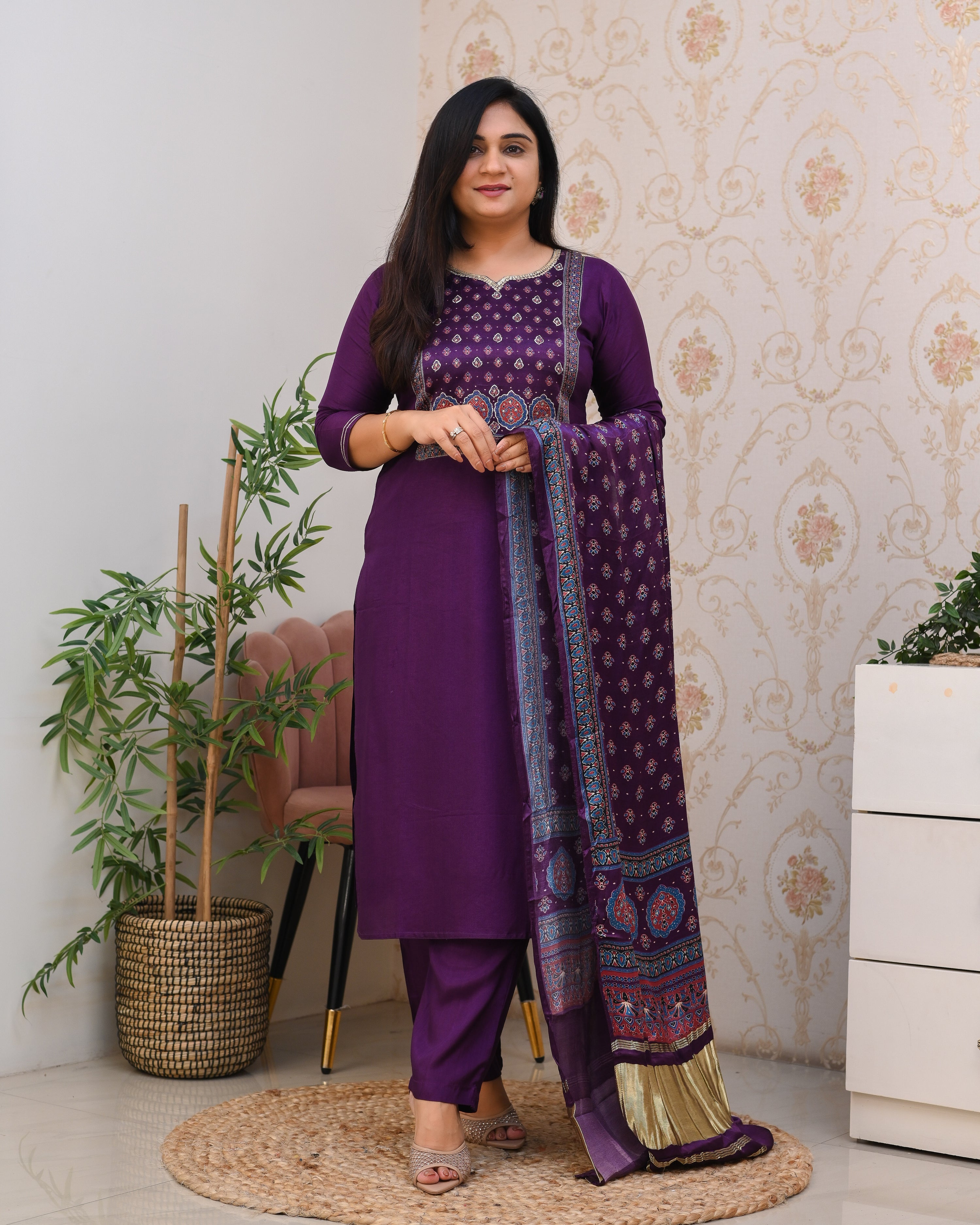 Purple Silk Embroidered Gajji Silk Pant Set