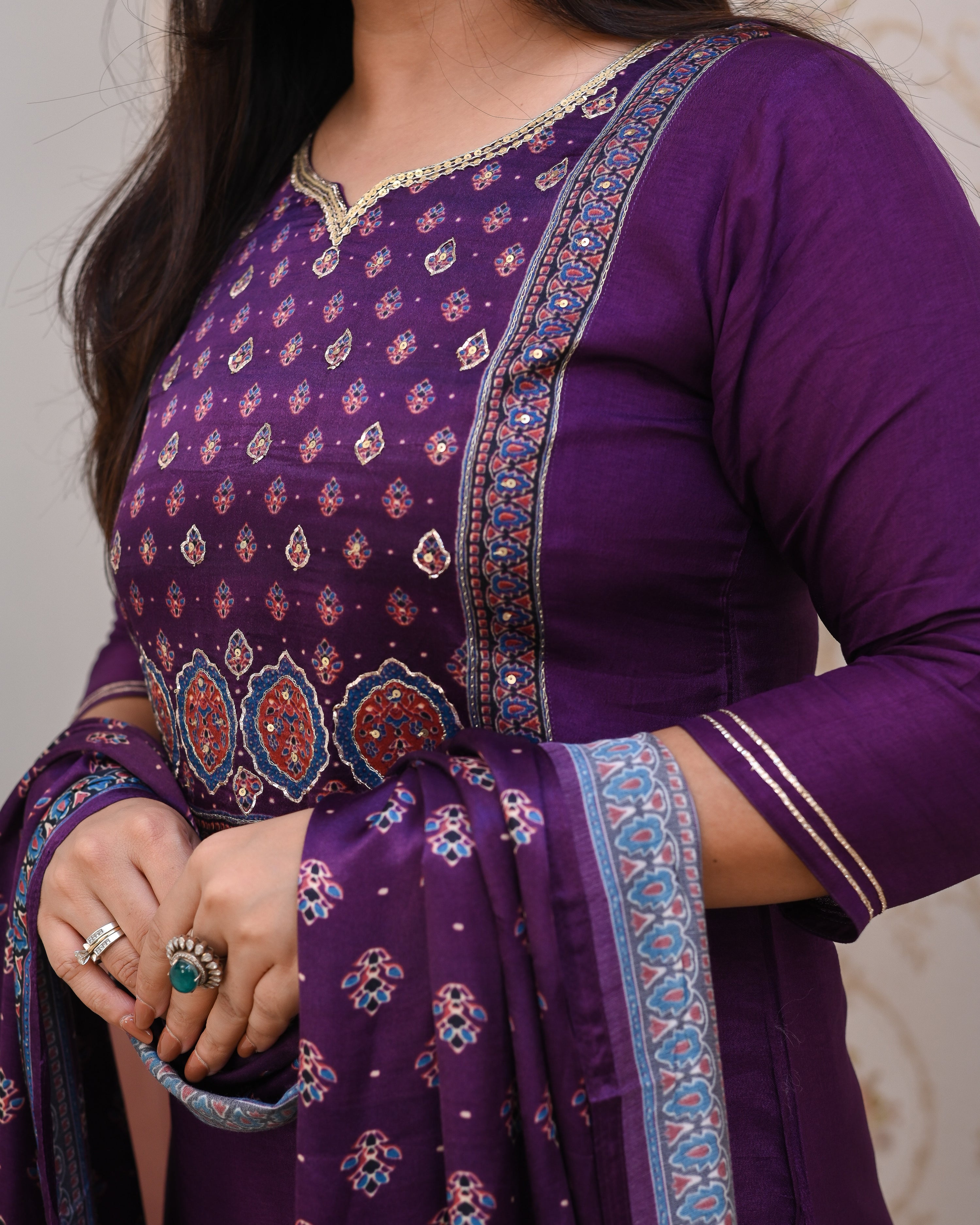 Purple Silk Embroidered Gajji Silk Pant Set