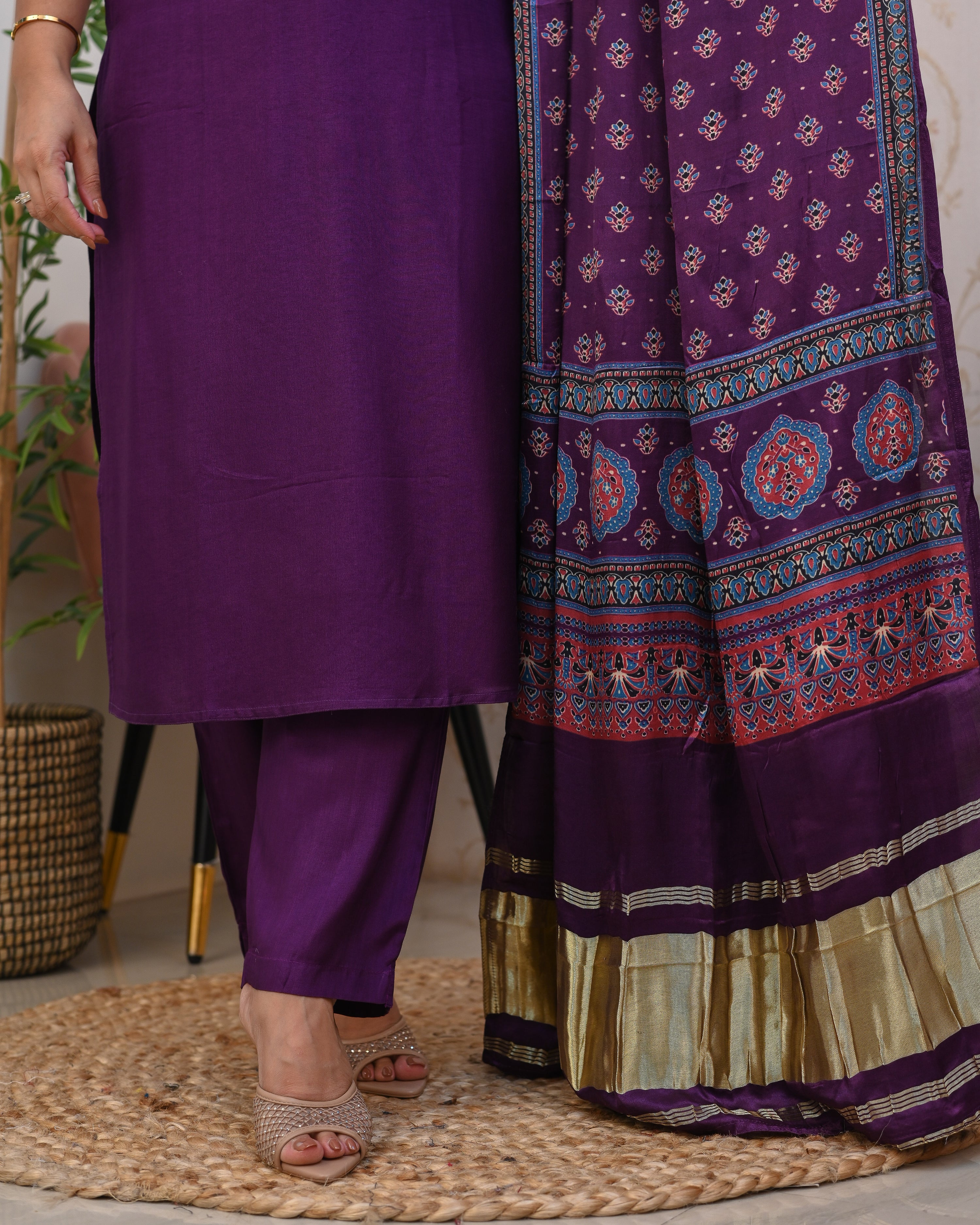 Purple Silk Embroidered Gajji Silk Pant Set