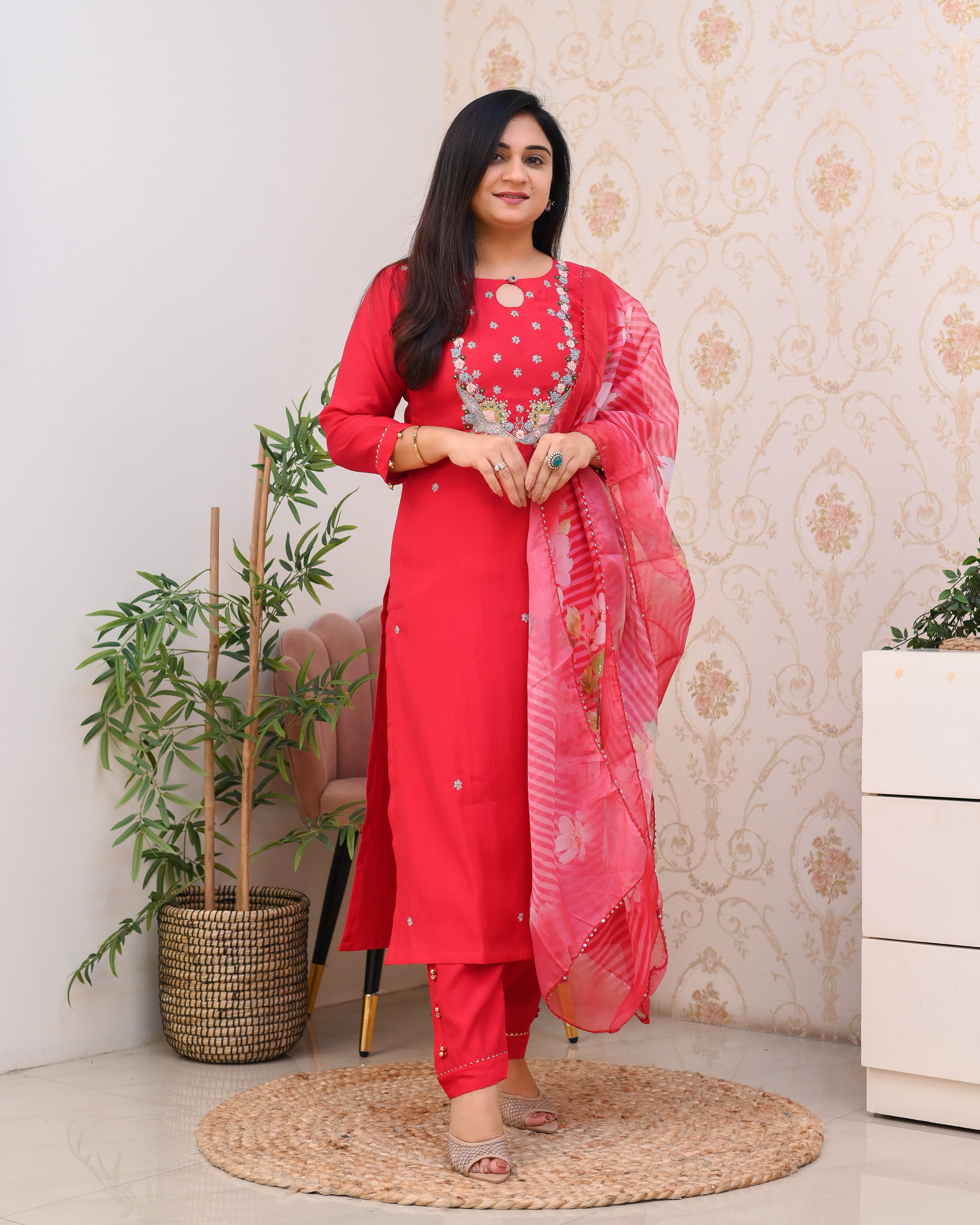 Pink Silk Hand embroidered Festive Pant Set