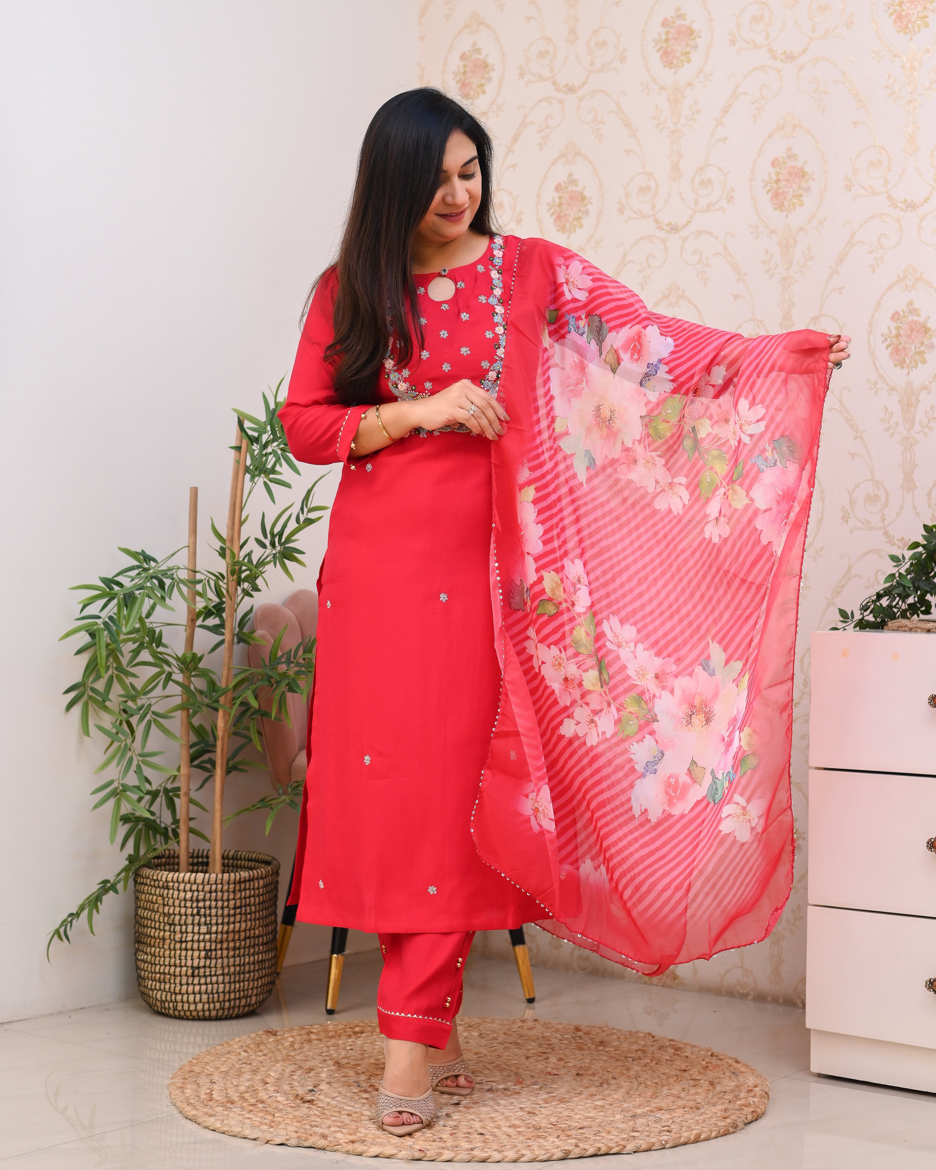 Pink Silk Hand embroidered Festive Pant Set