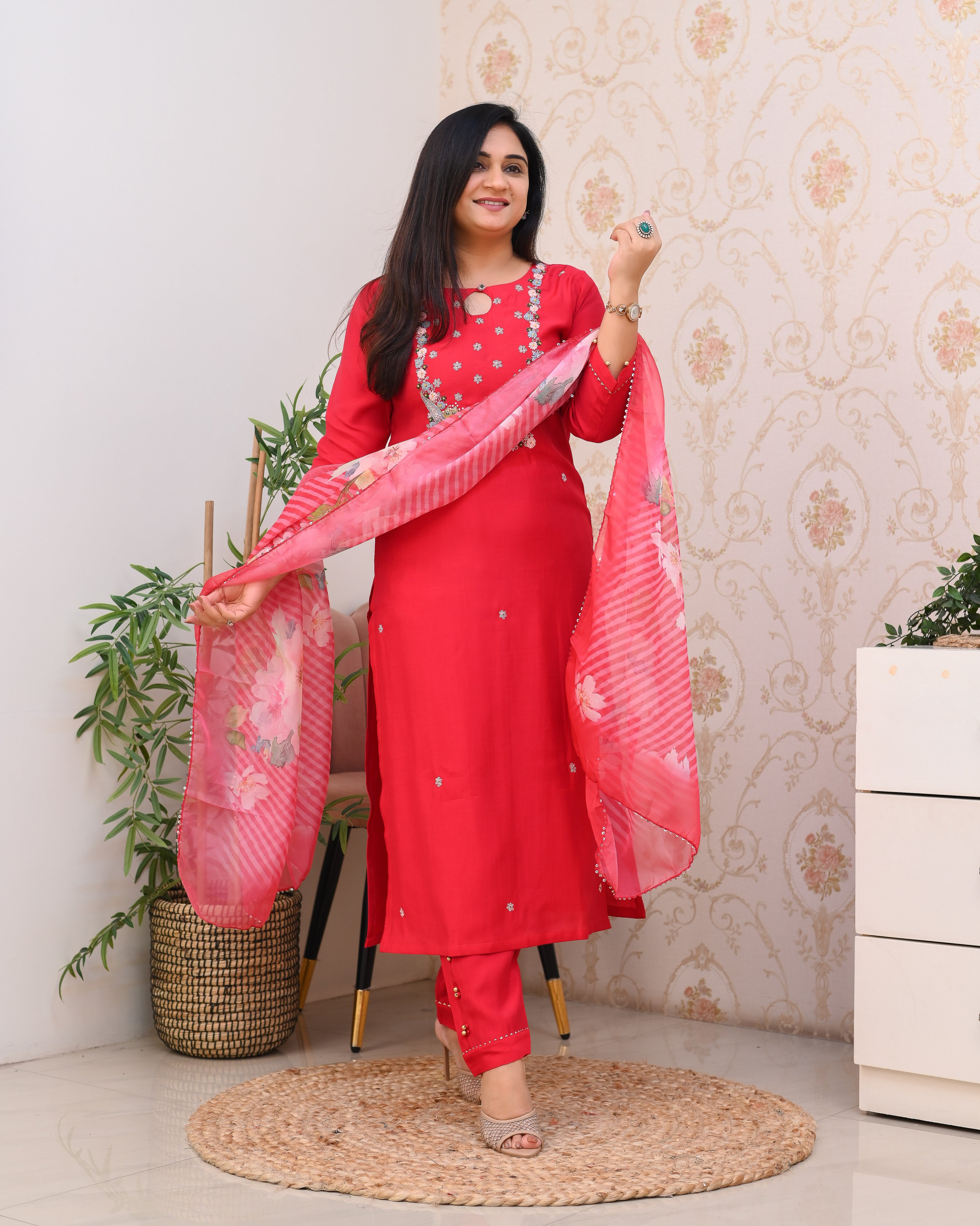 Pink Silk Hand embroidered Festive Pant Set