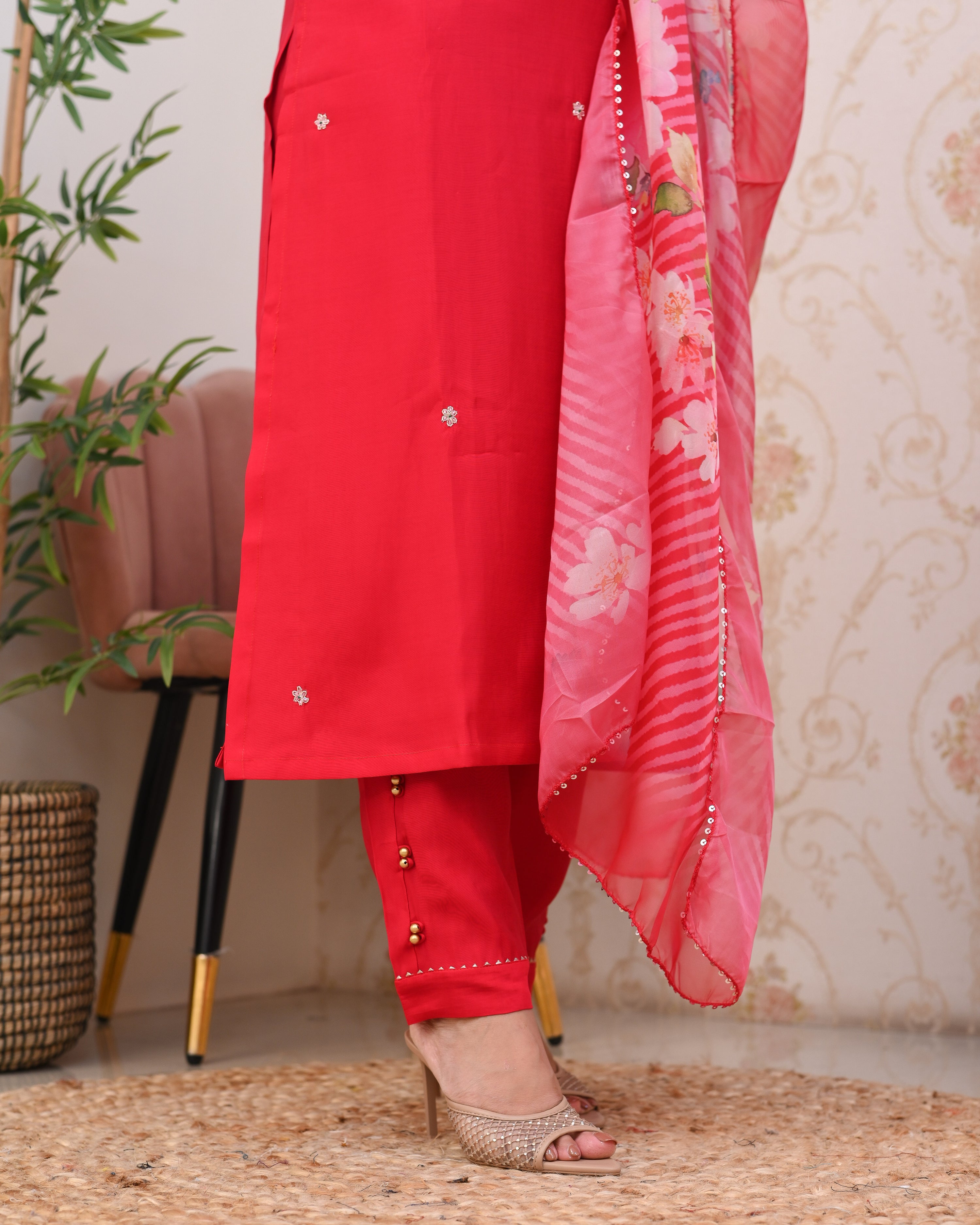 Pink Silk Hand embroidered Festive Pant Set