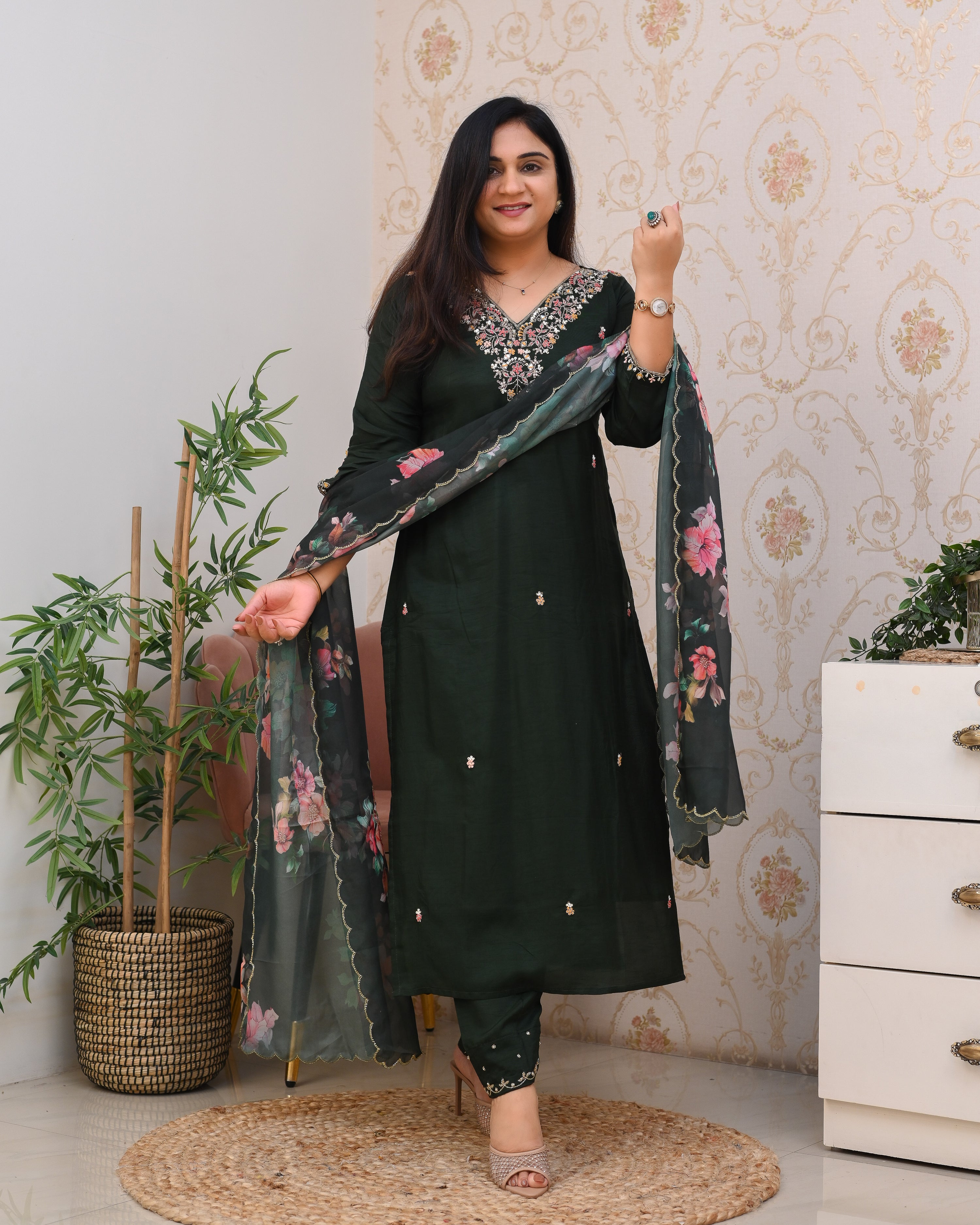 Green Silk Hand embroidered Festive Pant Set