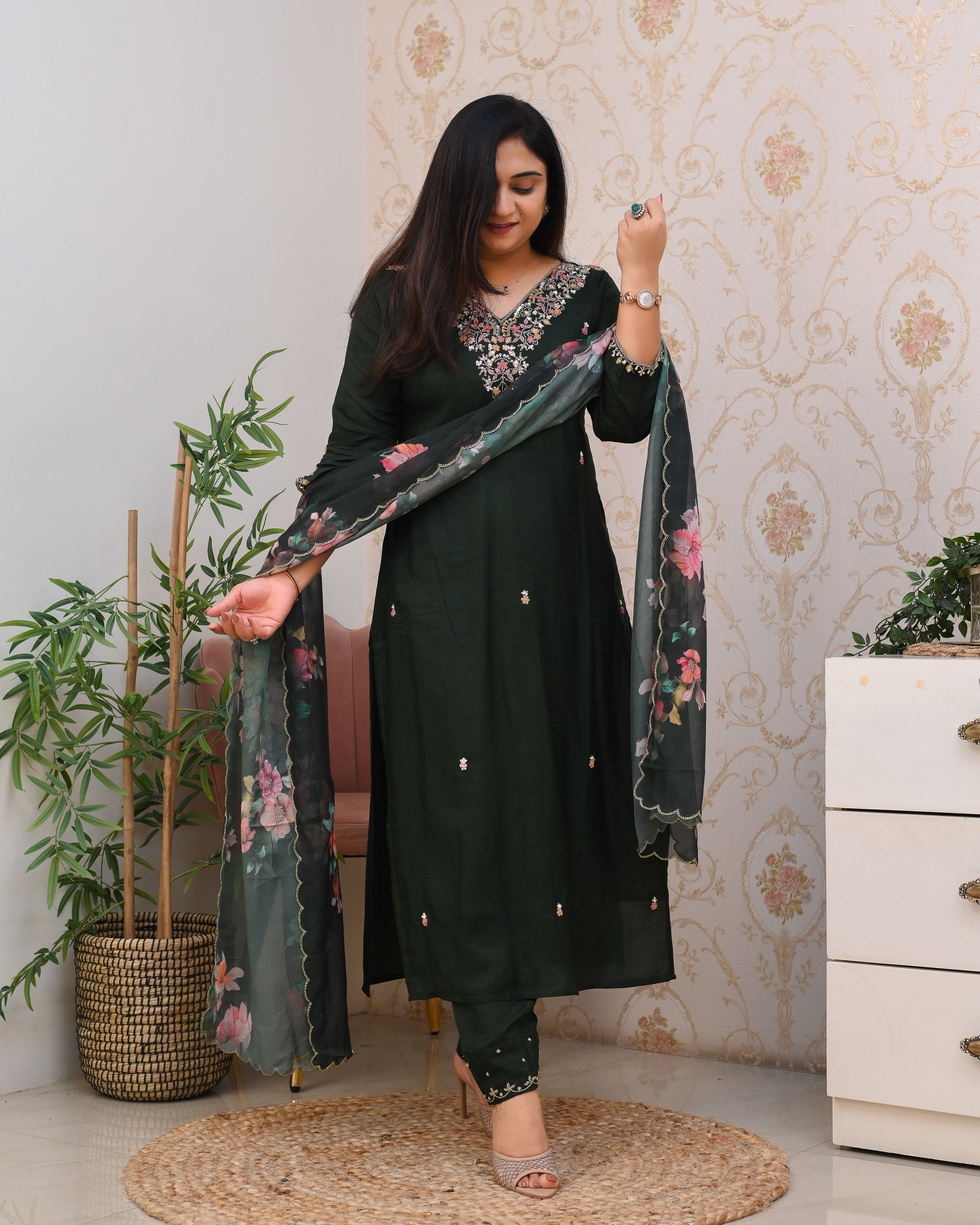 Green Silk Hand embroidered Festive Pant Set - The Jaipur Studio