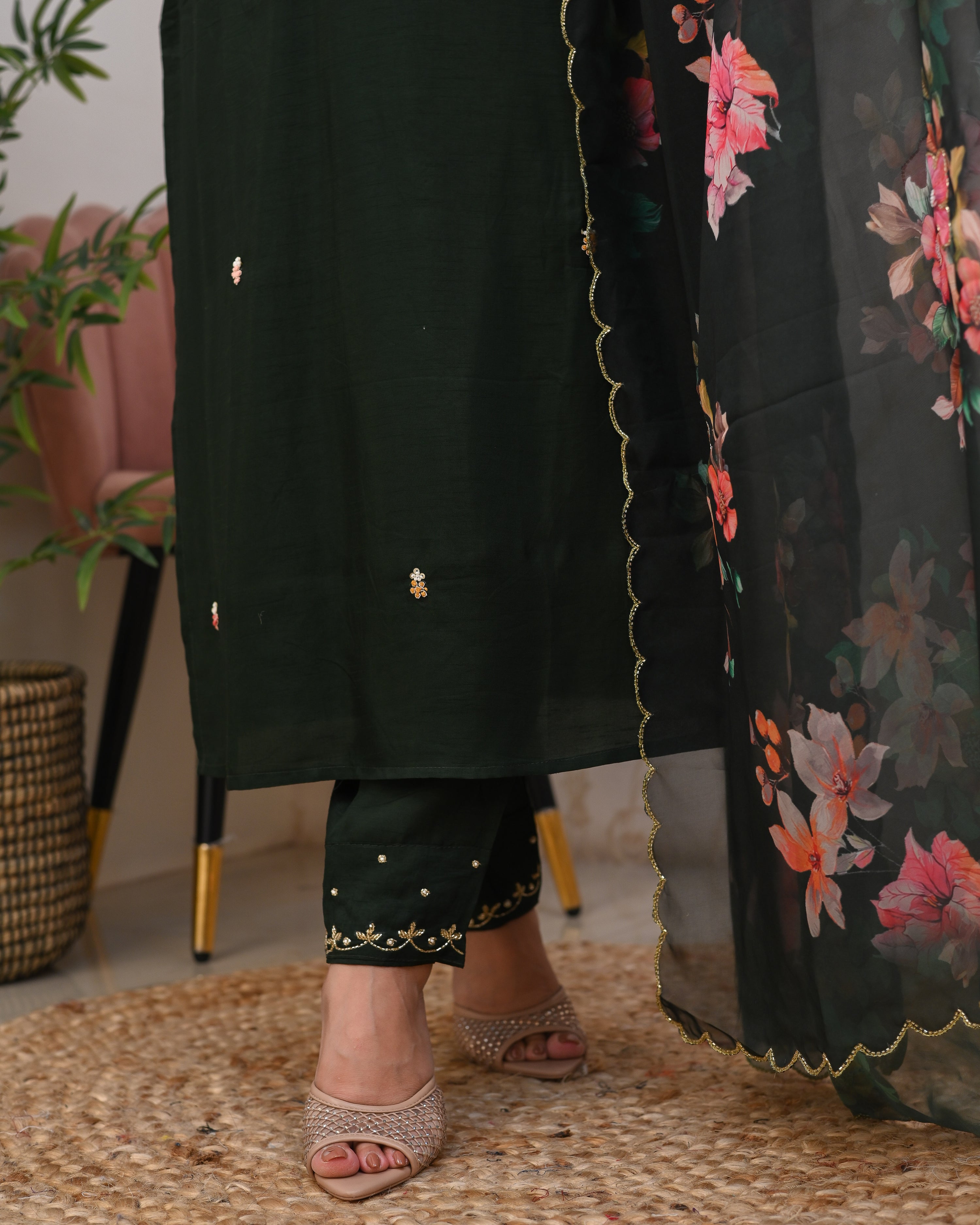 Green Silk Hand embroidered Festive Pant Set