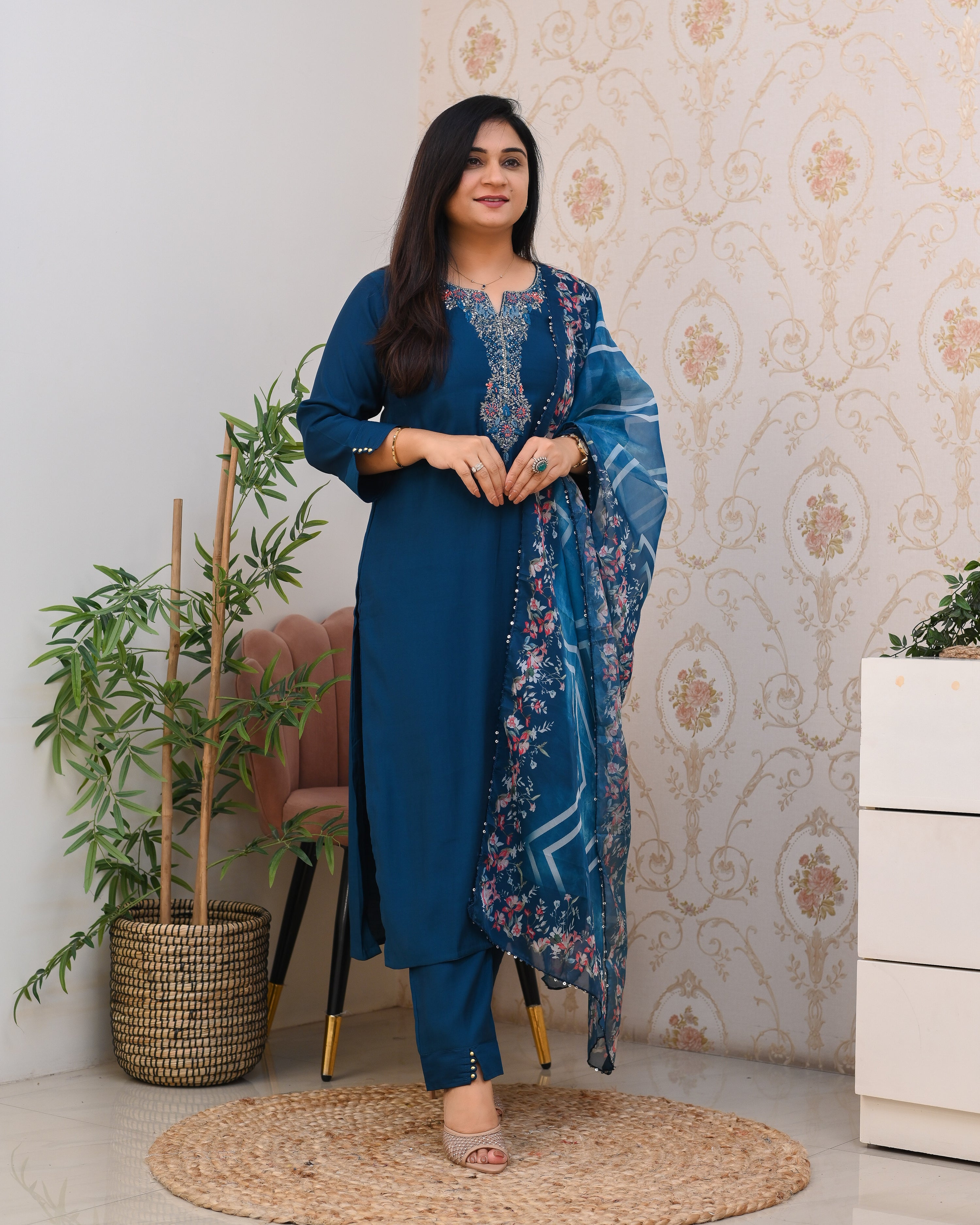 Blue Silk Hand embroidered Pant Set