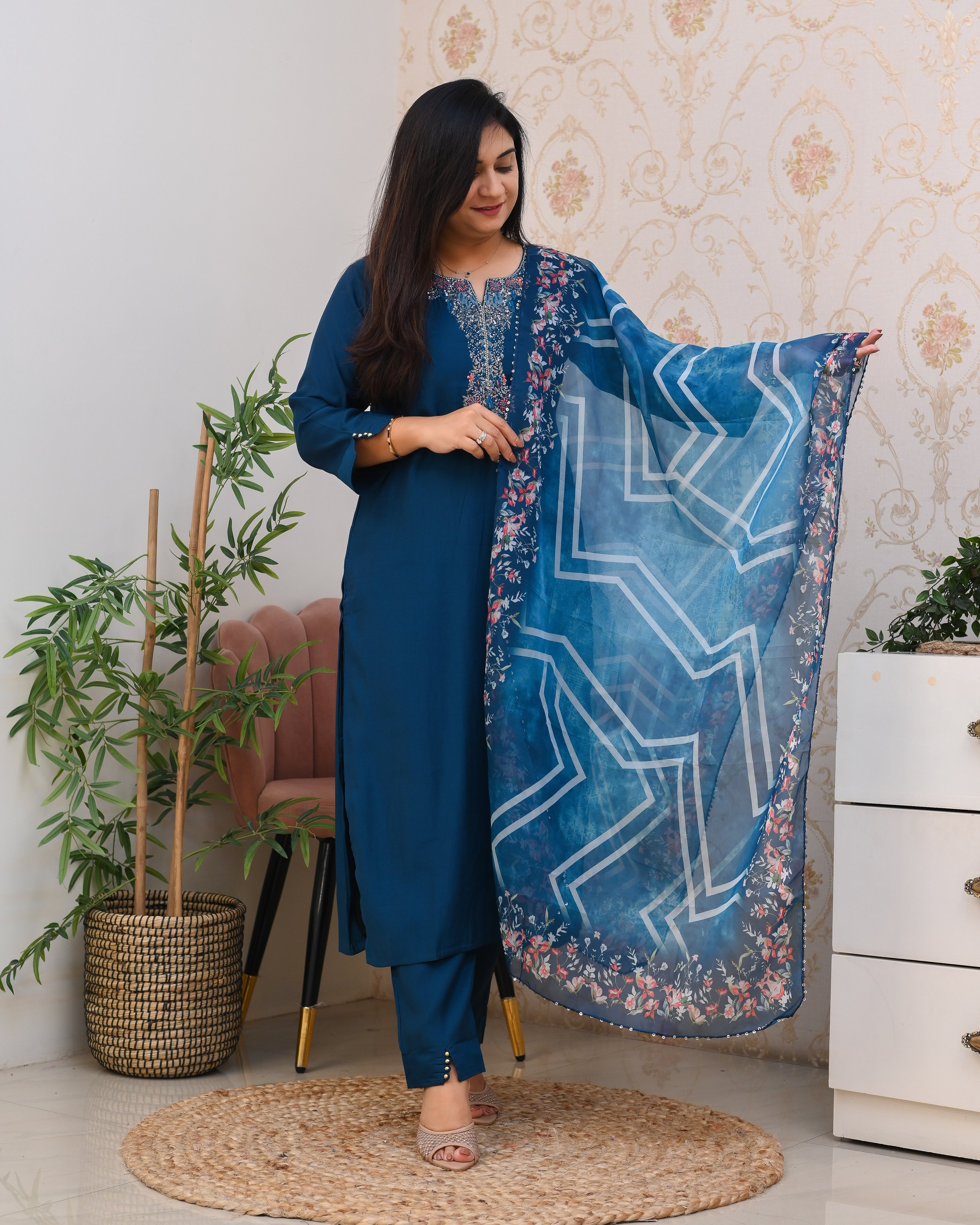 Blue Silk Hand embroidered Pant Set