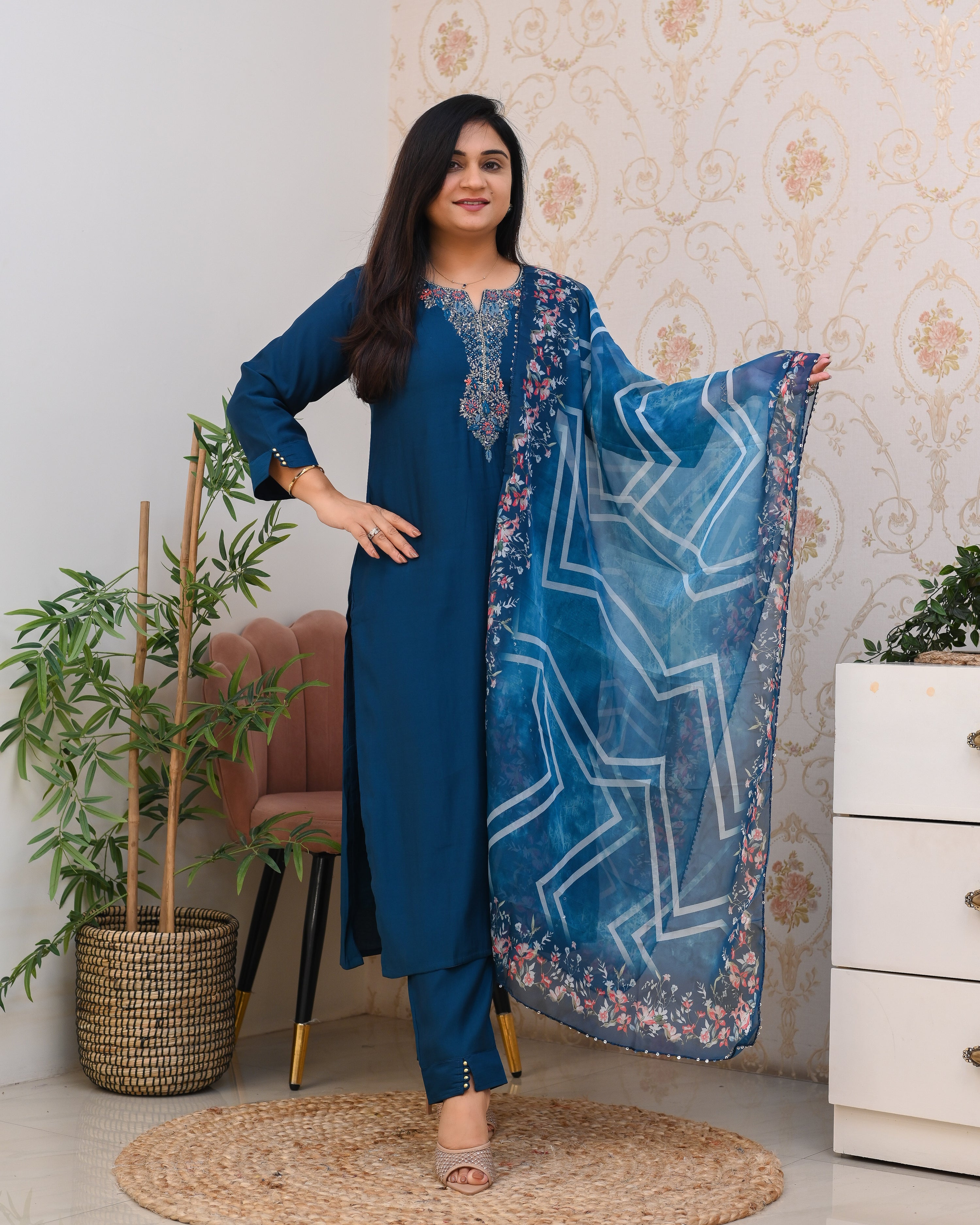 Blue Silk Hand embroidered Pant Set