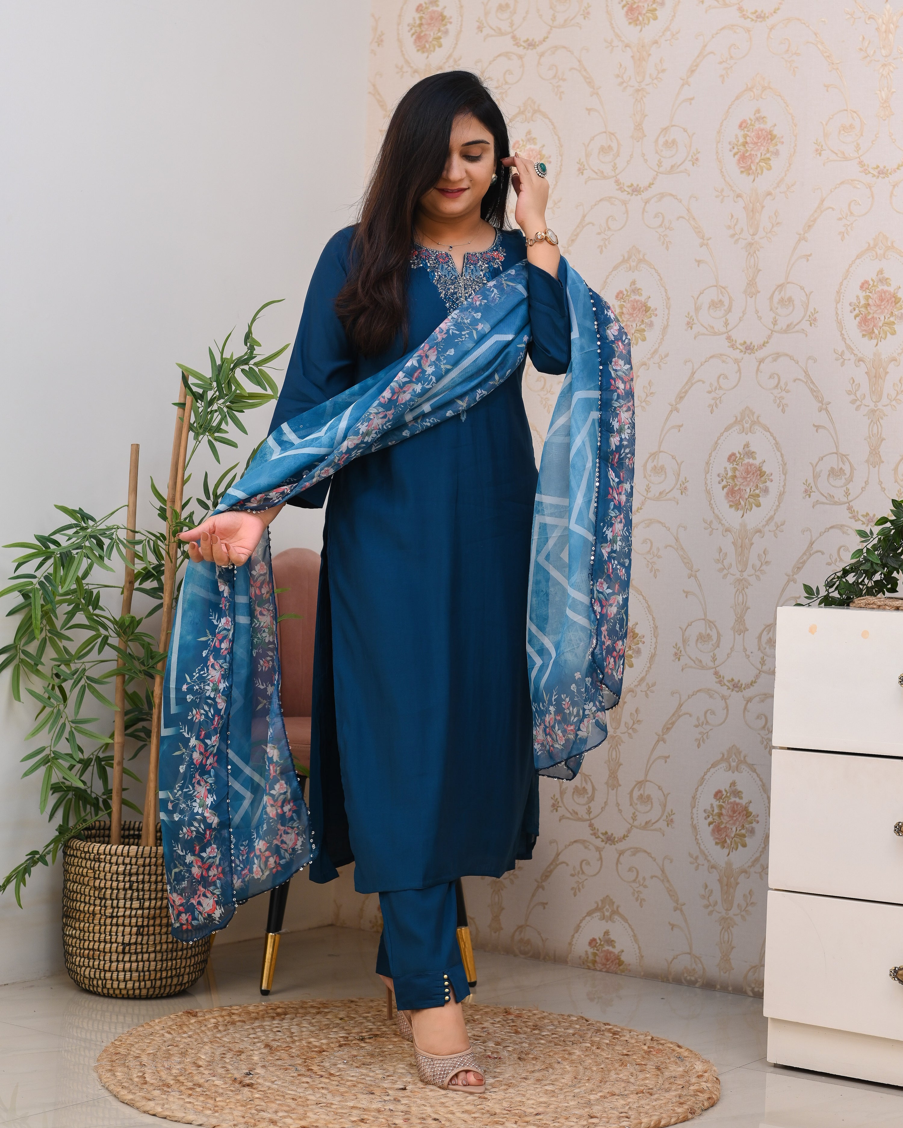 Blue Silk Hand embroidered Pant Set