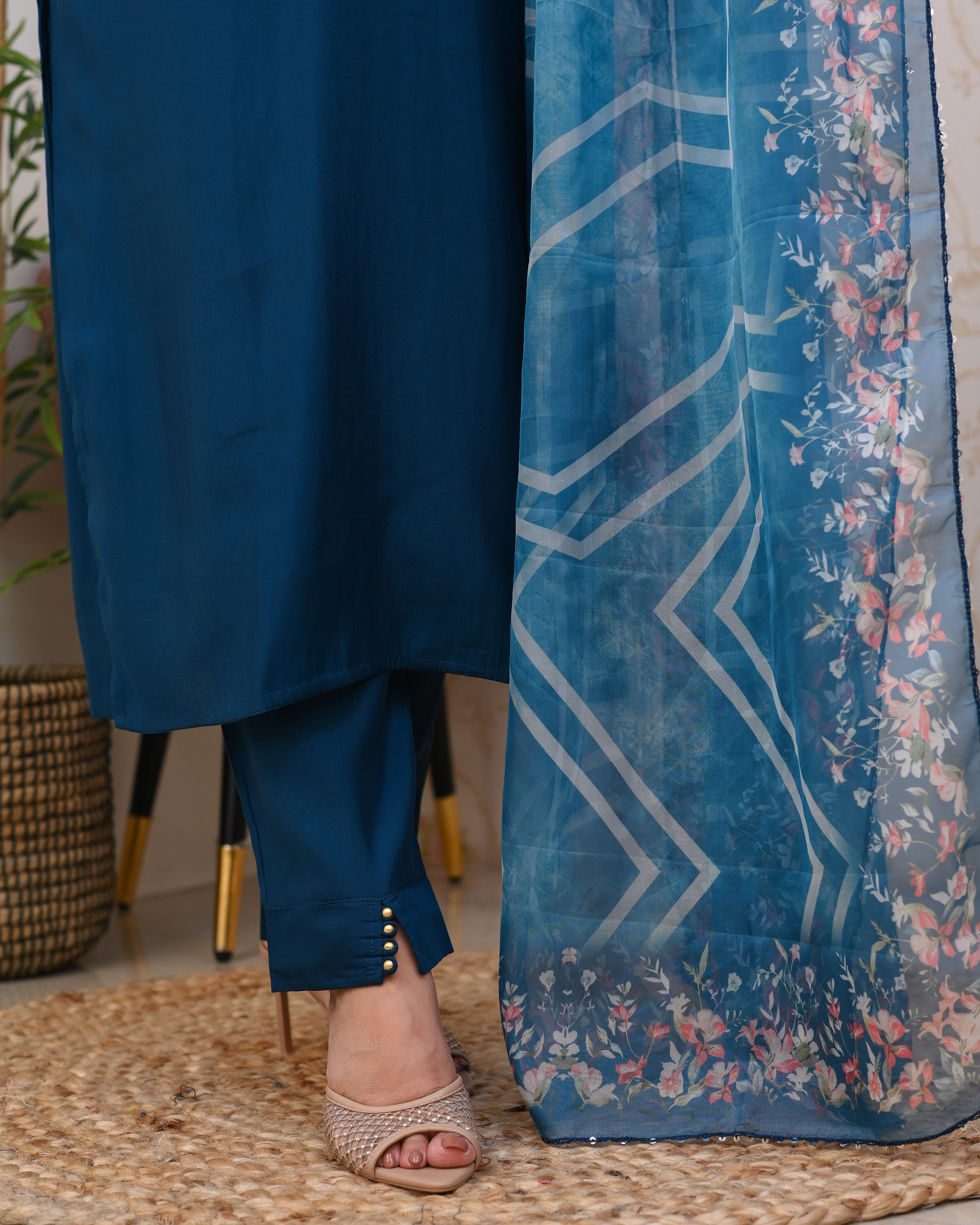 Blue Silk Hand embroidered Pant Set