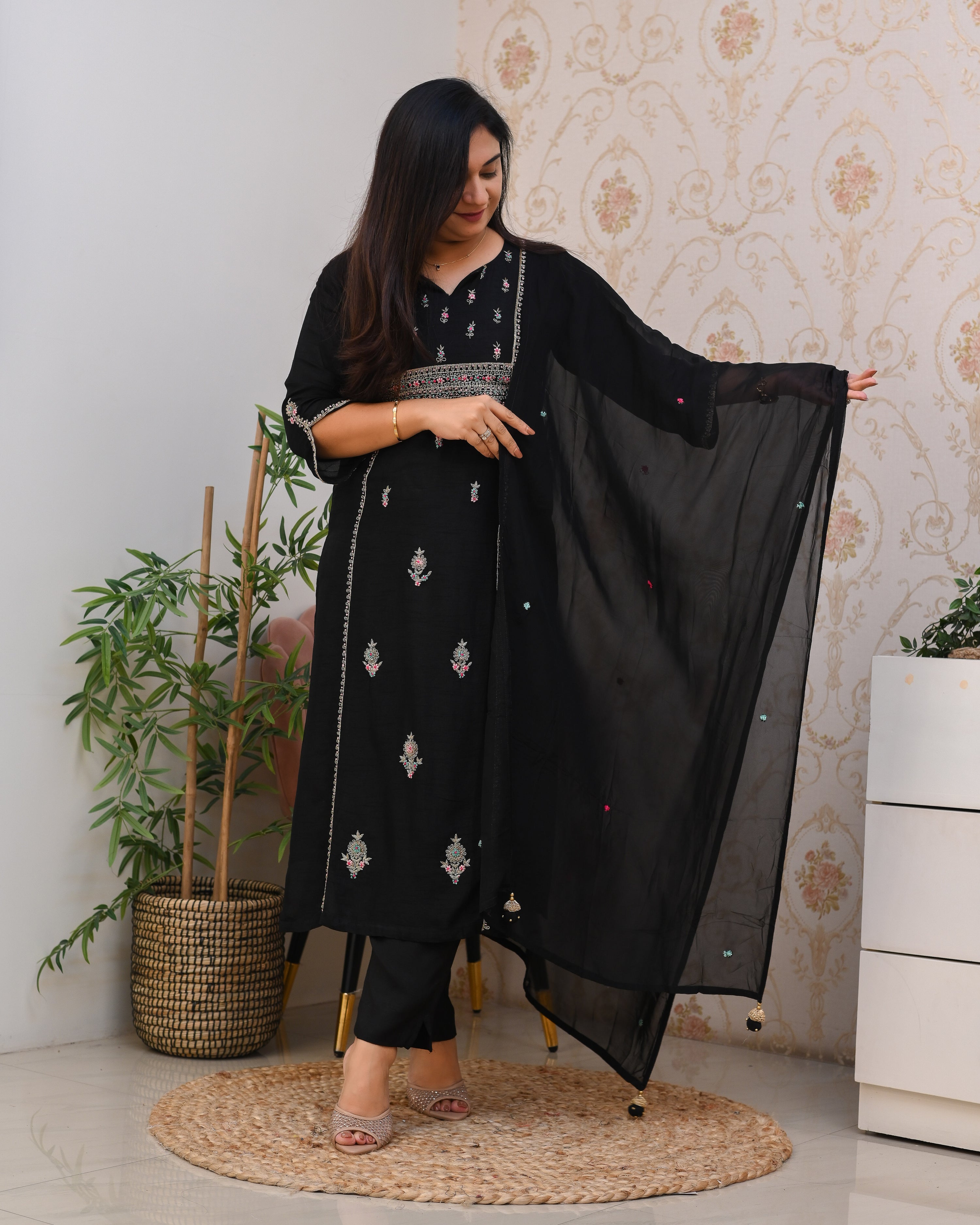 Black Silk Hand embroidered Pant Set