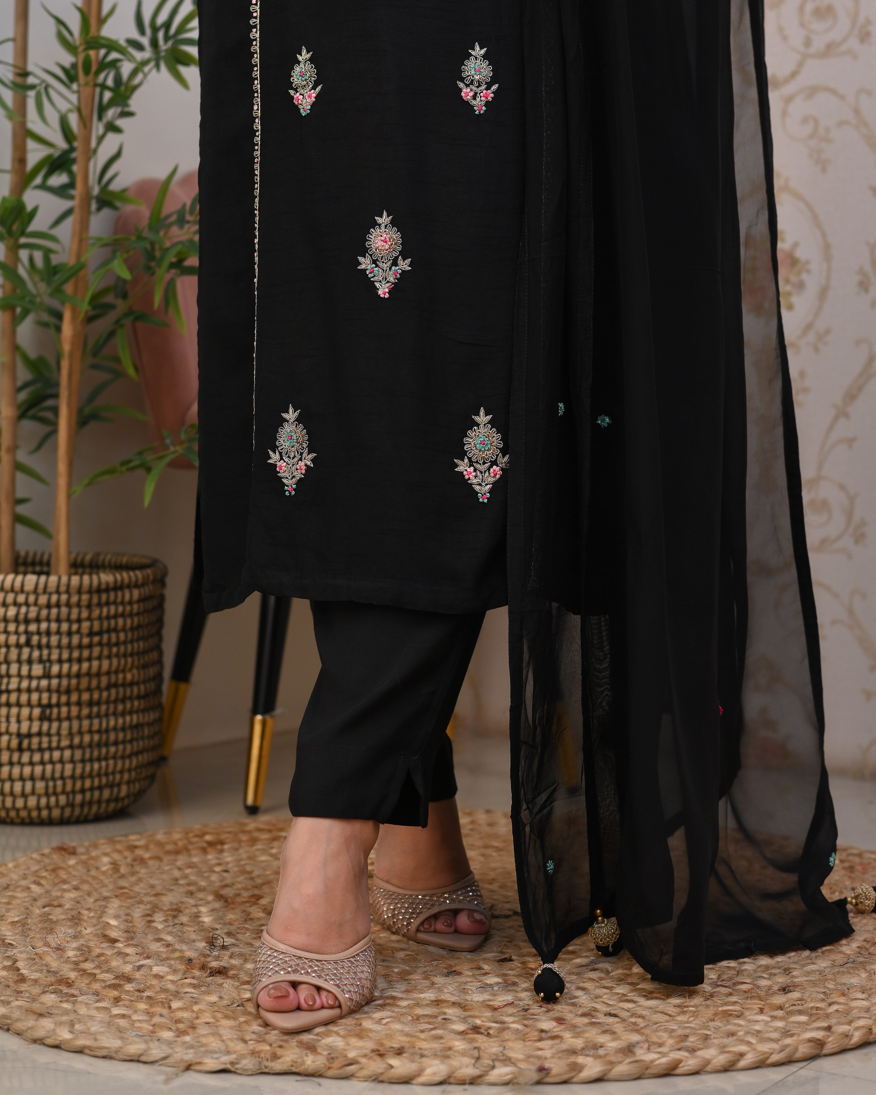 Black Silk Hand embroidered Pant Set