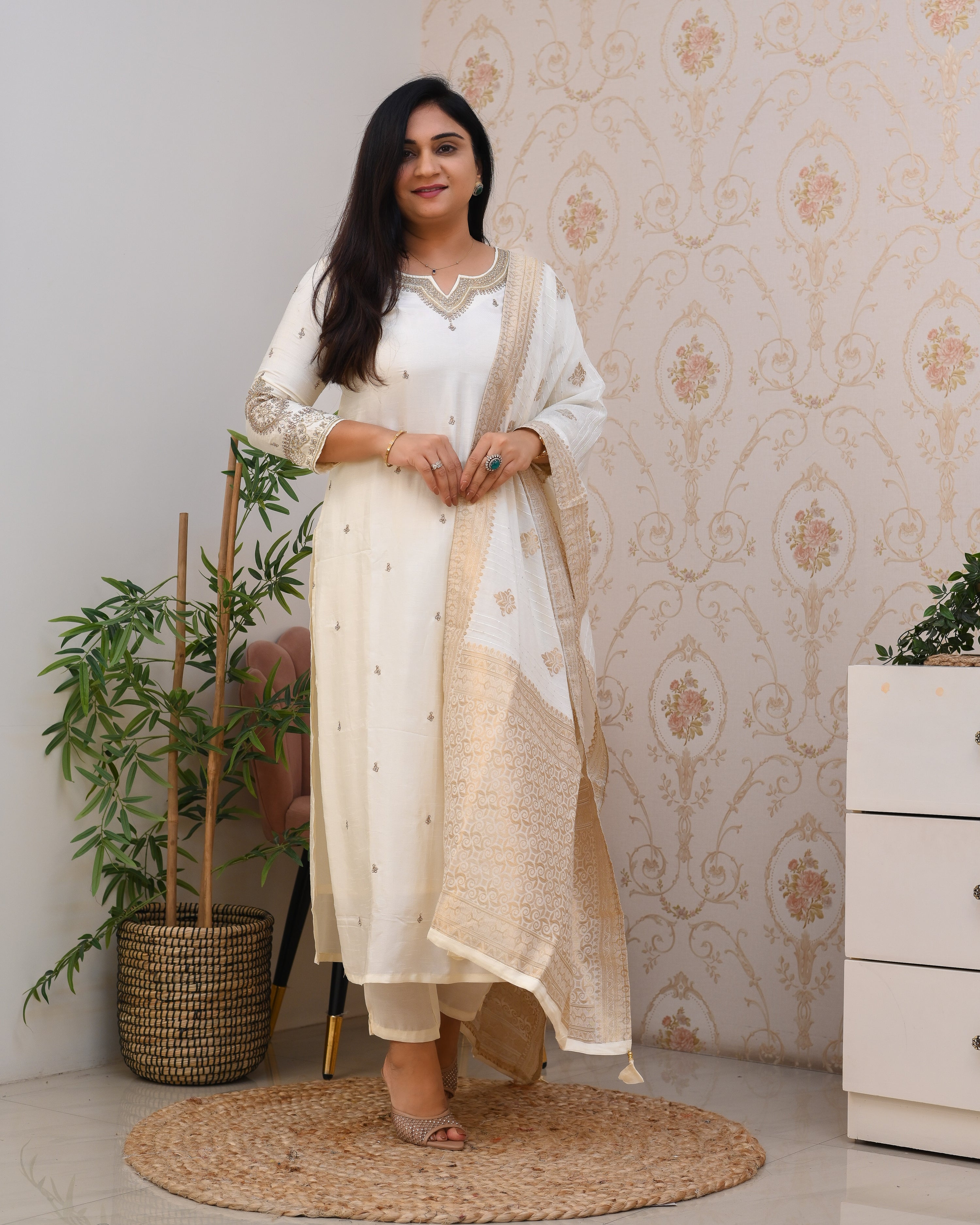 Ivory Silk Hand embroidered Pant Set