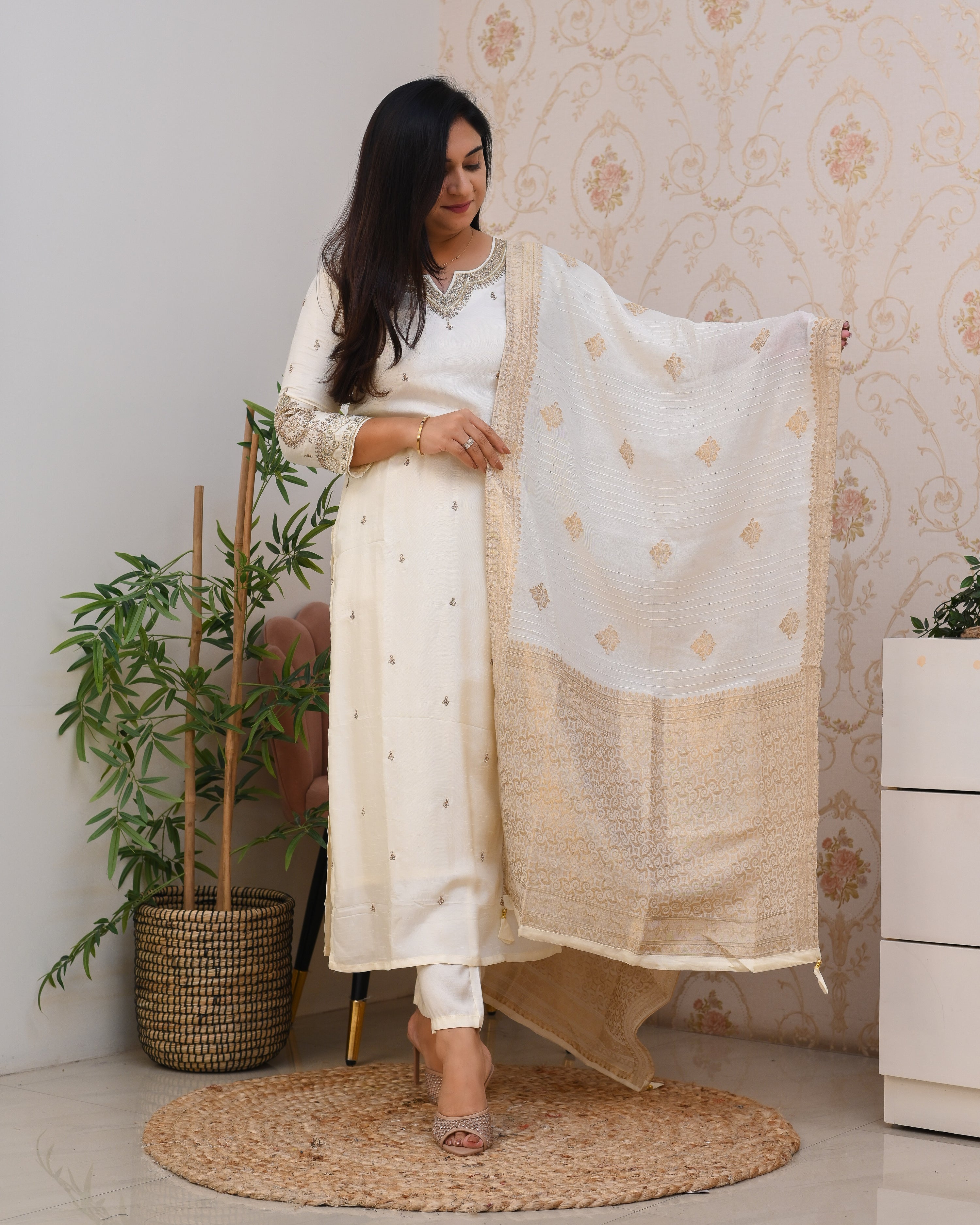 Ivory Silk Hand embroidered Pant Set