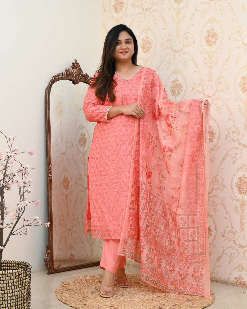 'Khanak' Handblock Print Embroidered Chanderi Pant Set - The Jaipur Studio