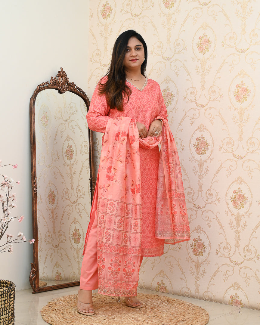 'Khanak' Handblock Print Embroidered Chanderi Pant Set - The Jaipur Studio