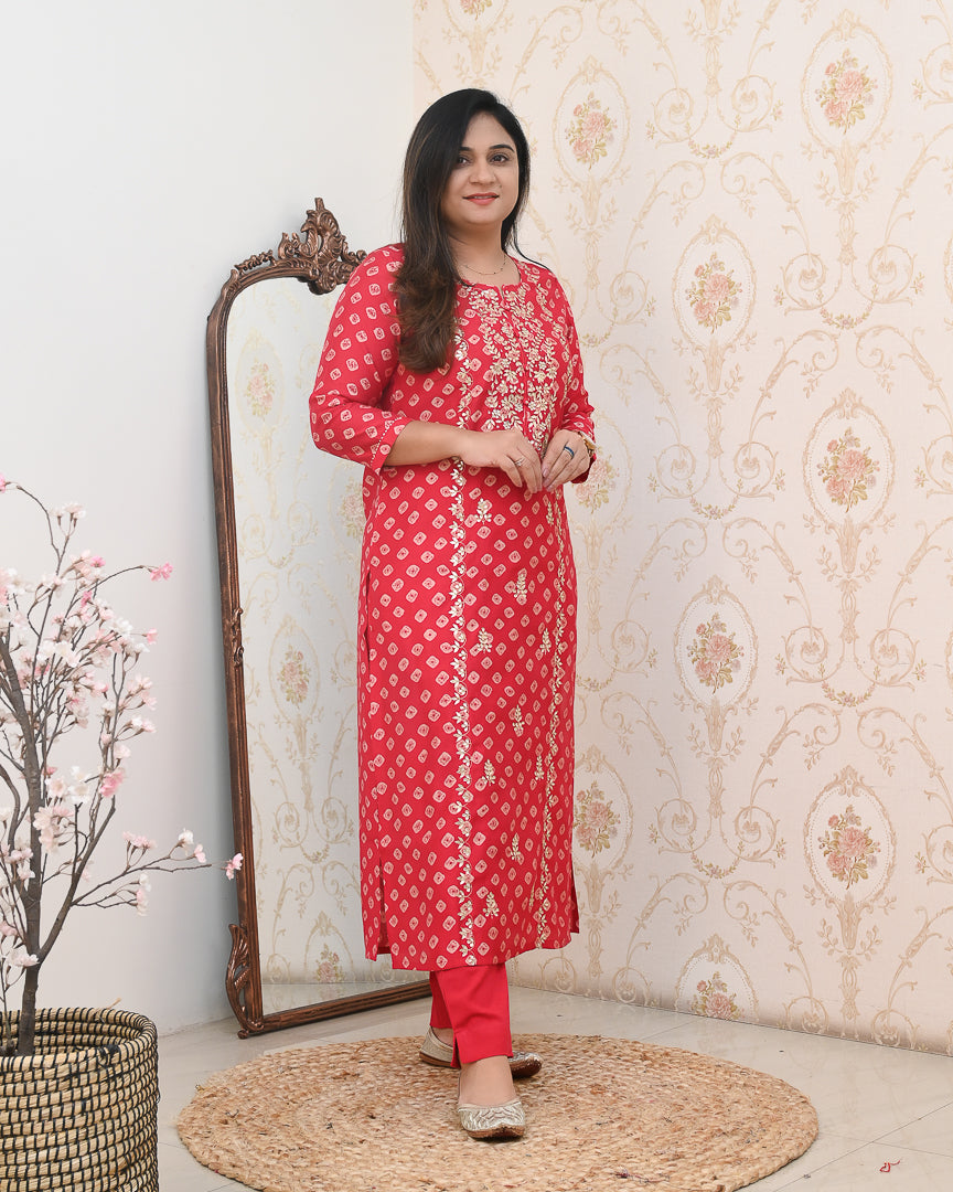 Bandhani Premium Muslin Embroidered Pant Set