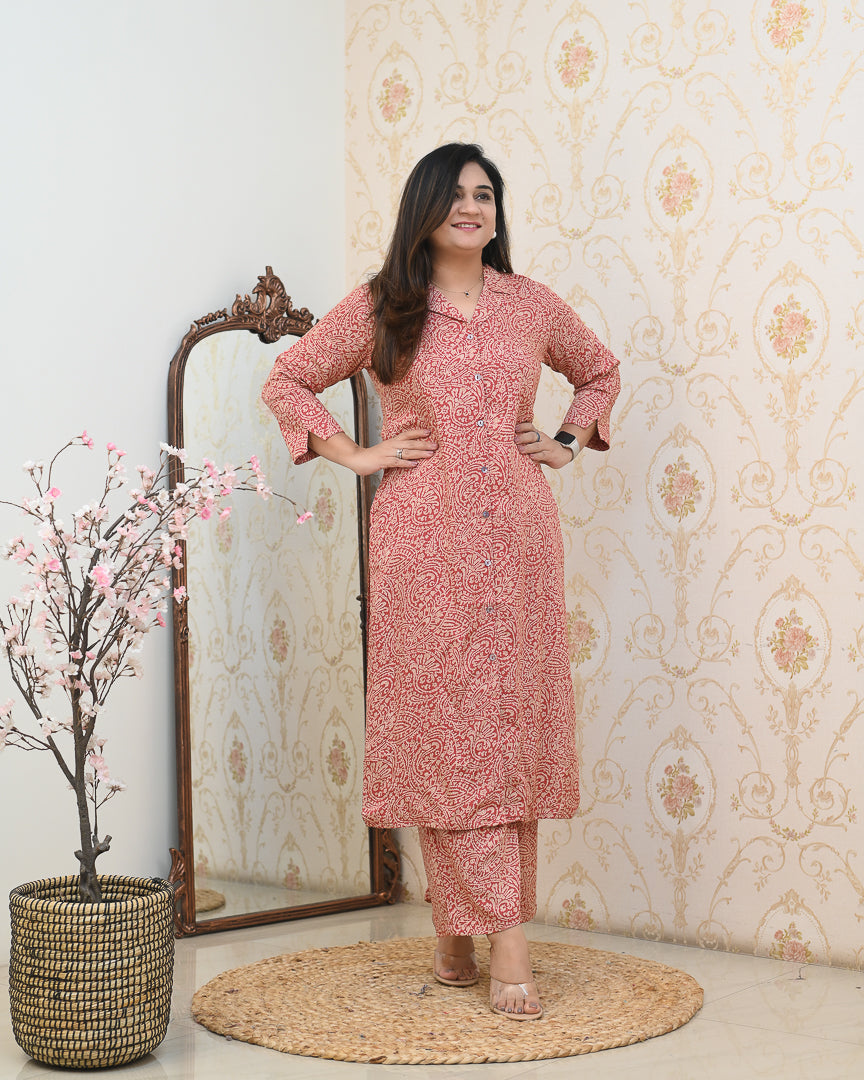 Red Kalamkari Casual Rayon Coord Set