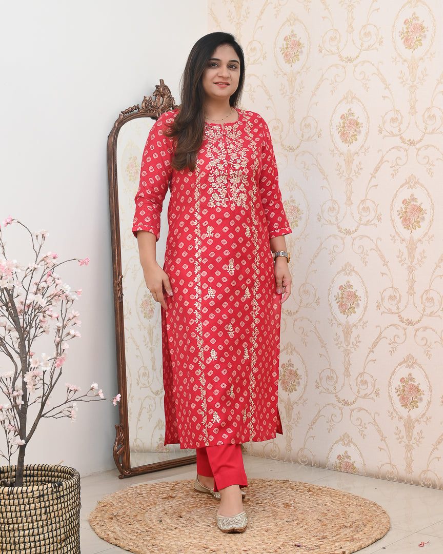 Bandhani Premium Muslin Embroidered Pant Set