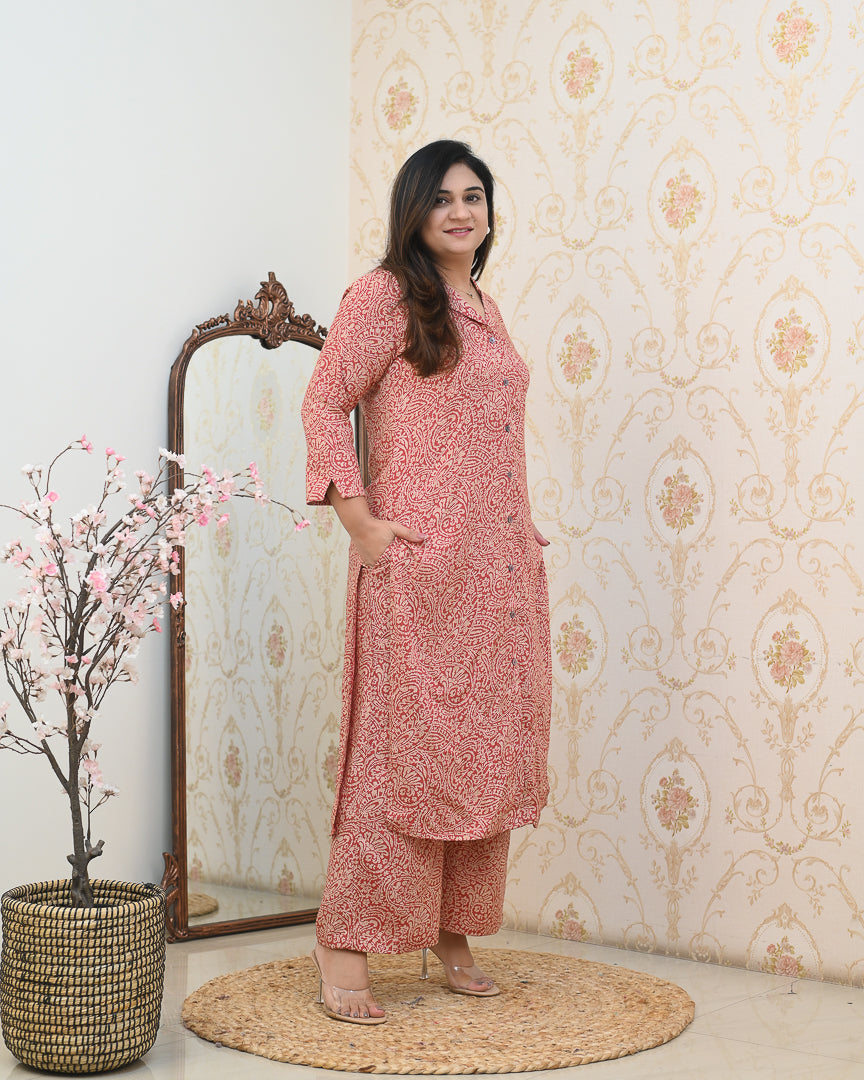 Red Kalamkari Casual Rayon Coord Set